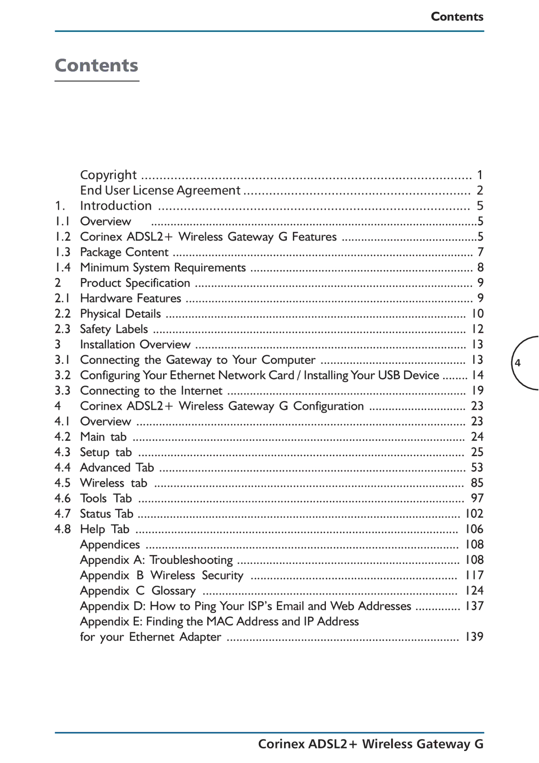 Corinex Global ADSL2+ manual Contents 