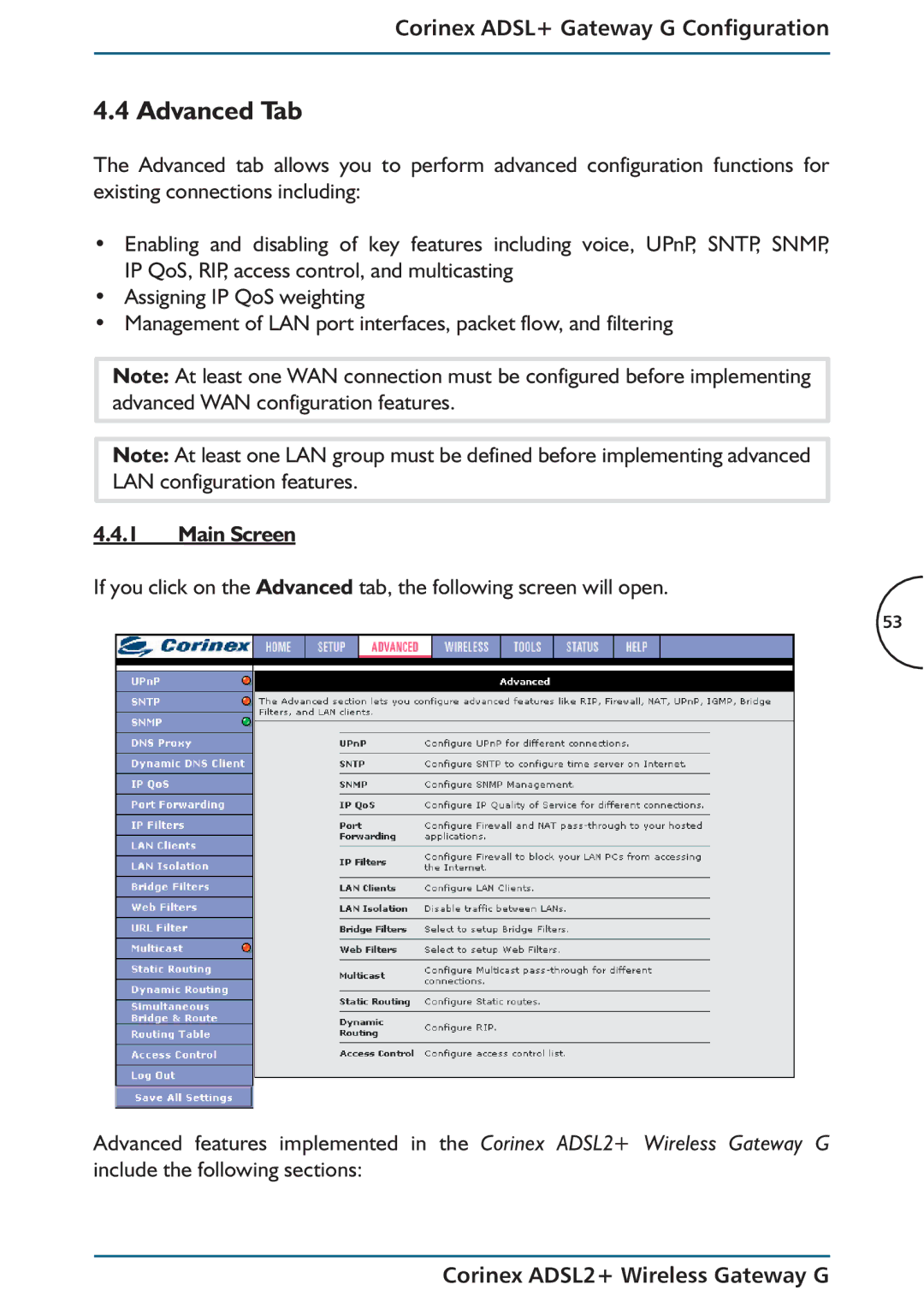 Corinex Global ADSL2+ manual Advanced Tab, Corinex ADSL+ Gateway G Configuration, Main Screen 