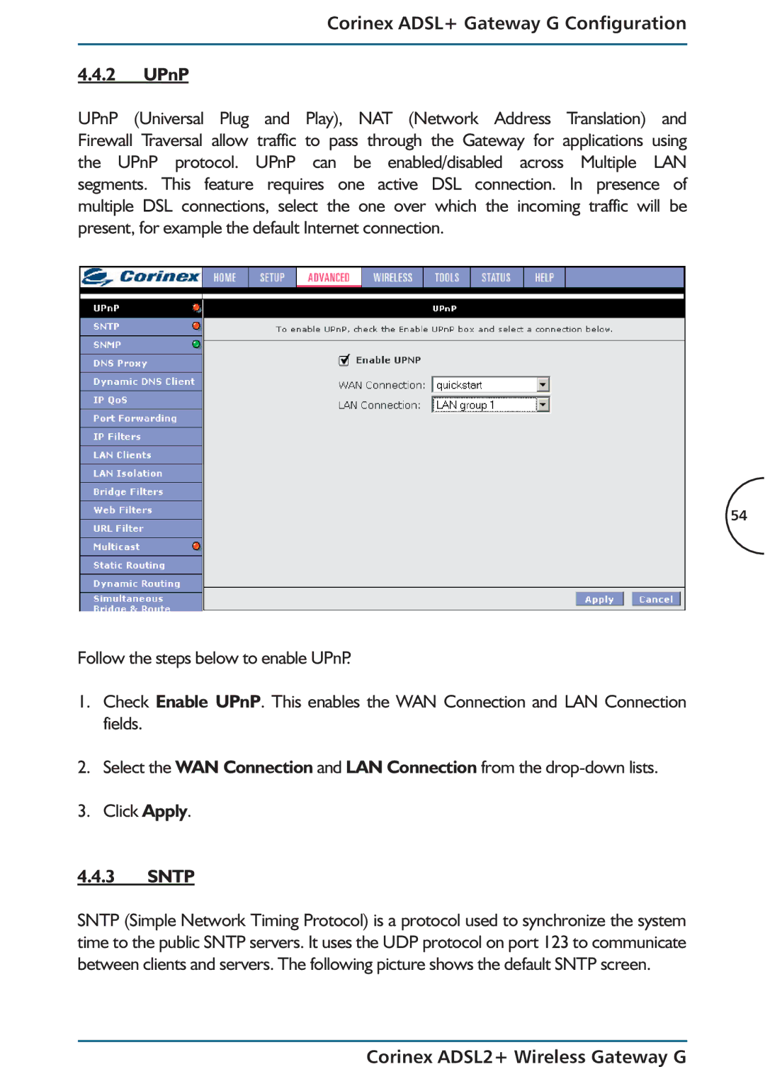 Corinex Global ADSL2+ manual Corinex ADSL+ Gateway G Configuration UPnP, Sntp 