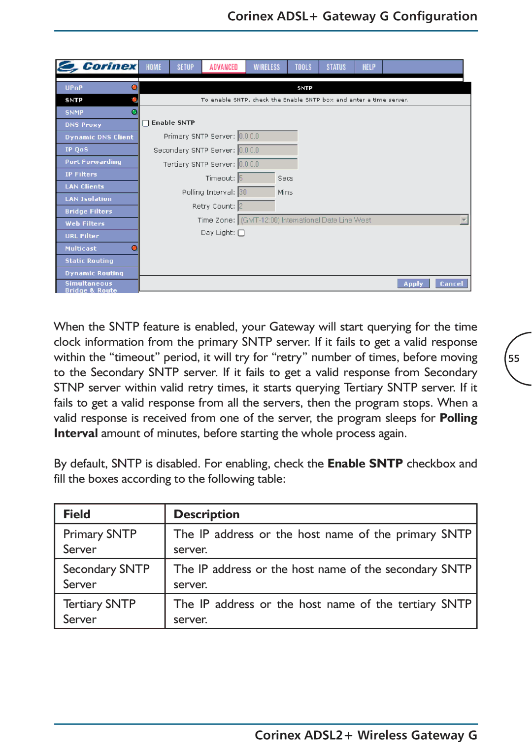 Corinex Global ADSL2+ manual IP address or the host name of the secondary Sntp 