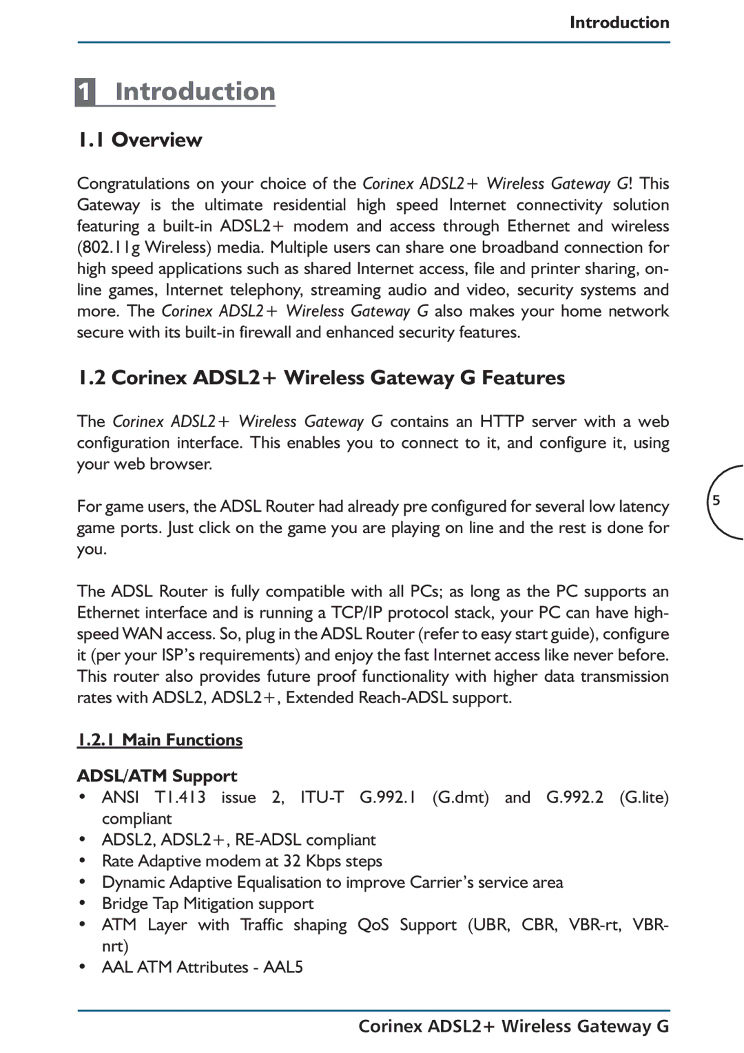 Corinex Global Overview, Corinex ADSL2+ Wireless Gateway G Features, Introduction, Main Functions ADSL/ATM Support 