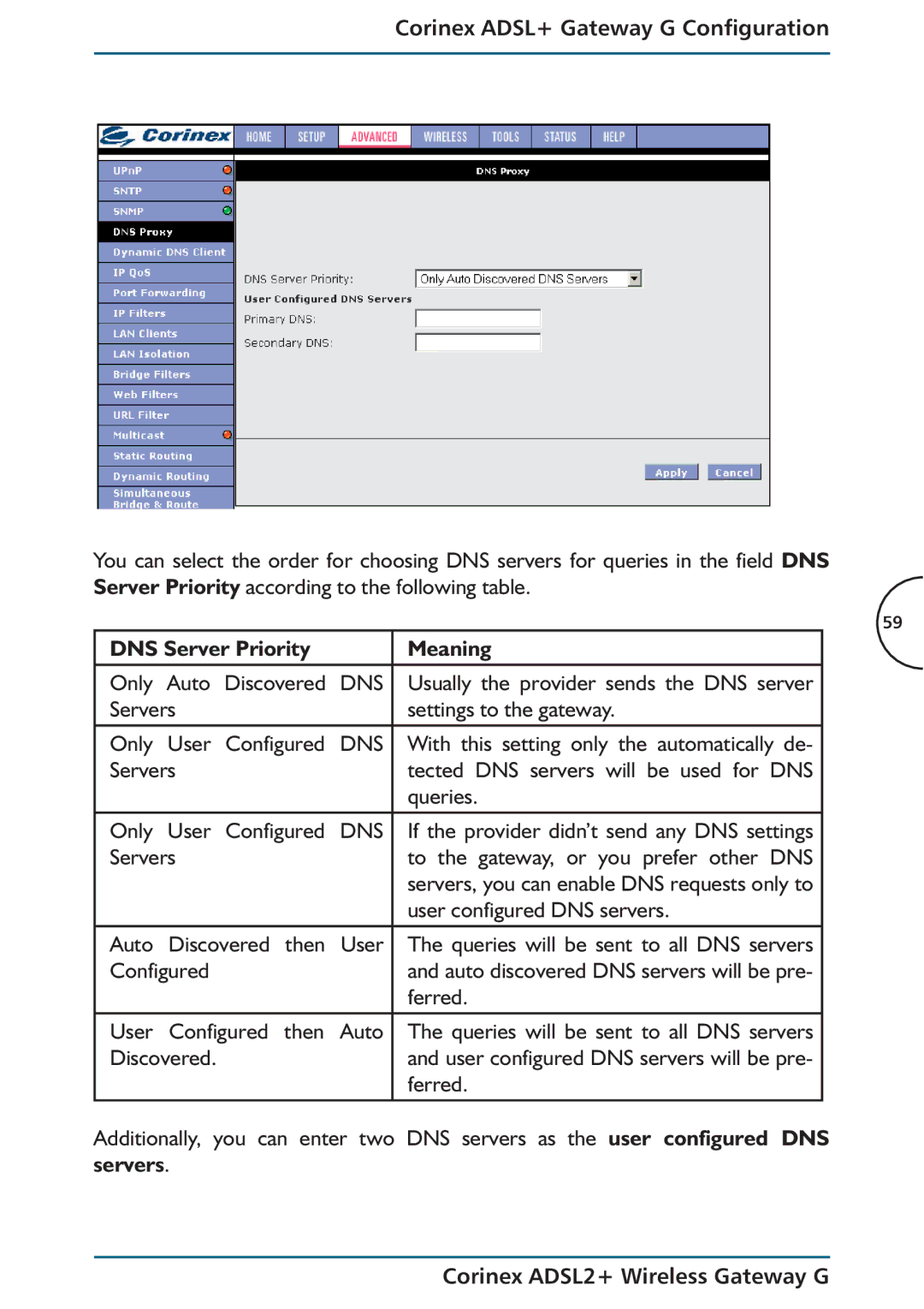 Corinex Global manual DNS Server Priority Meaning, Servers Corinex ADSL2+ Wireless Gateway G 