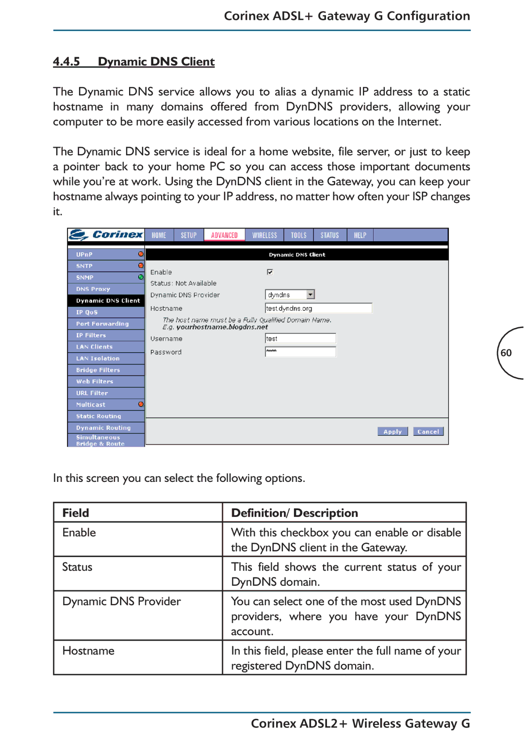 Corinex Global ADSL2+ manual Corinex ADSL+ Gateway G Configuration Dynamic DNS Client 