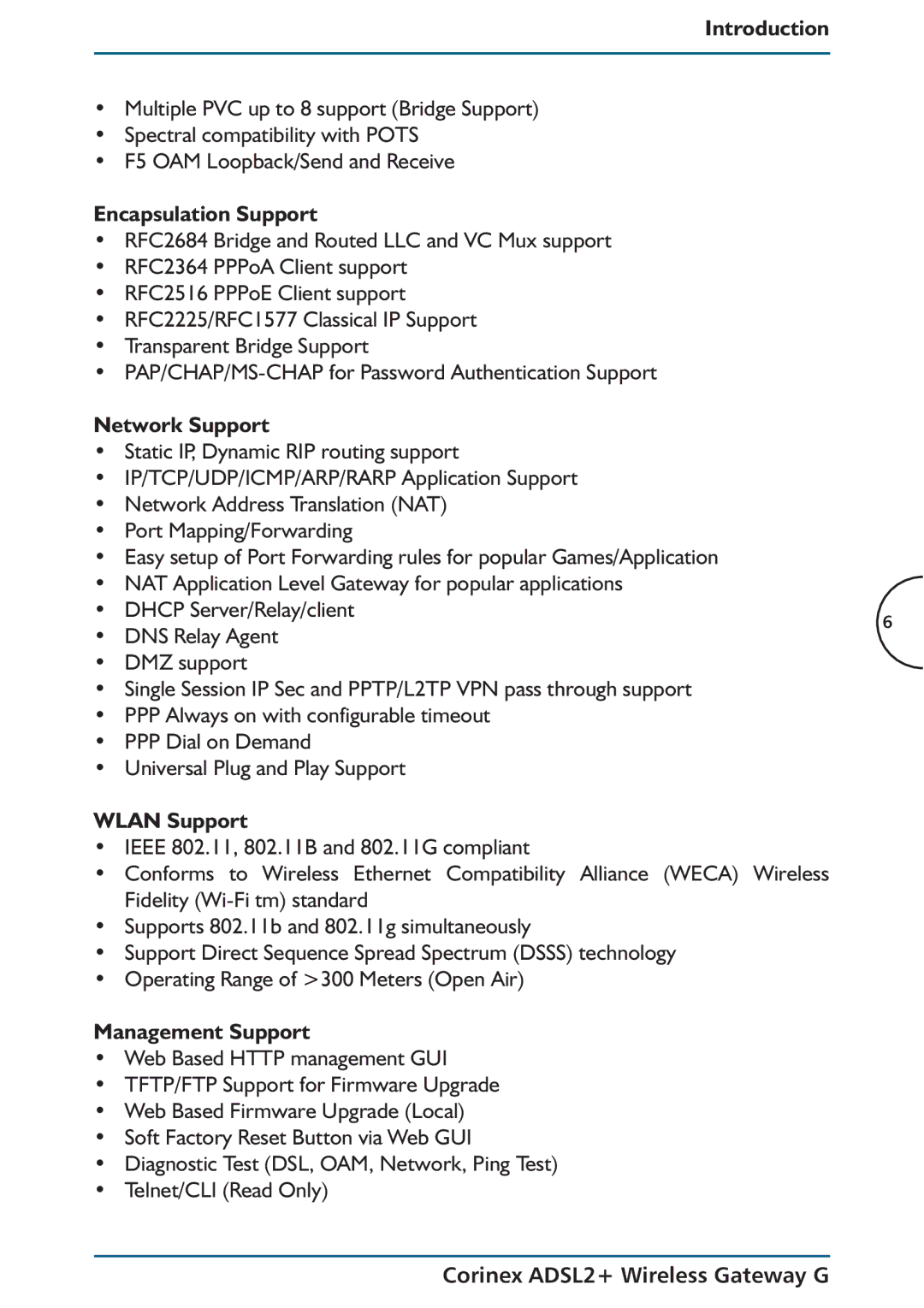 Corinex Global ADSL2+ manual Encapsulation Support, Network Support, Wlan Support, Management Support 