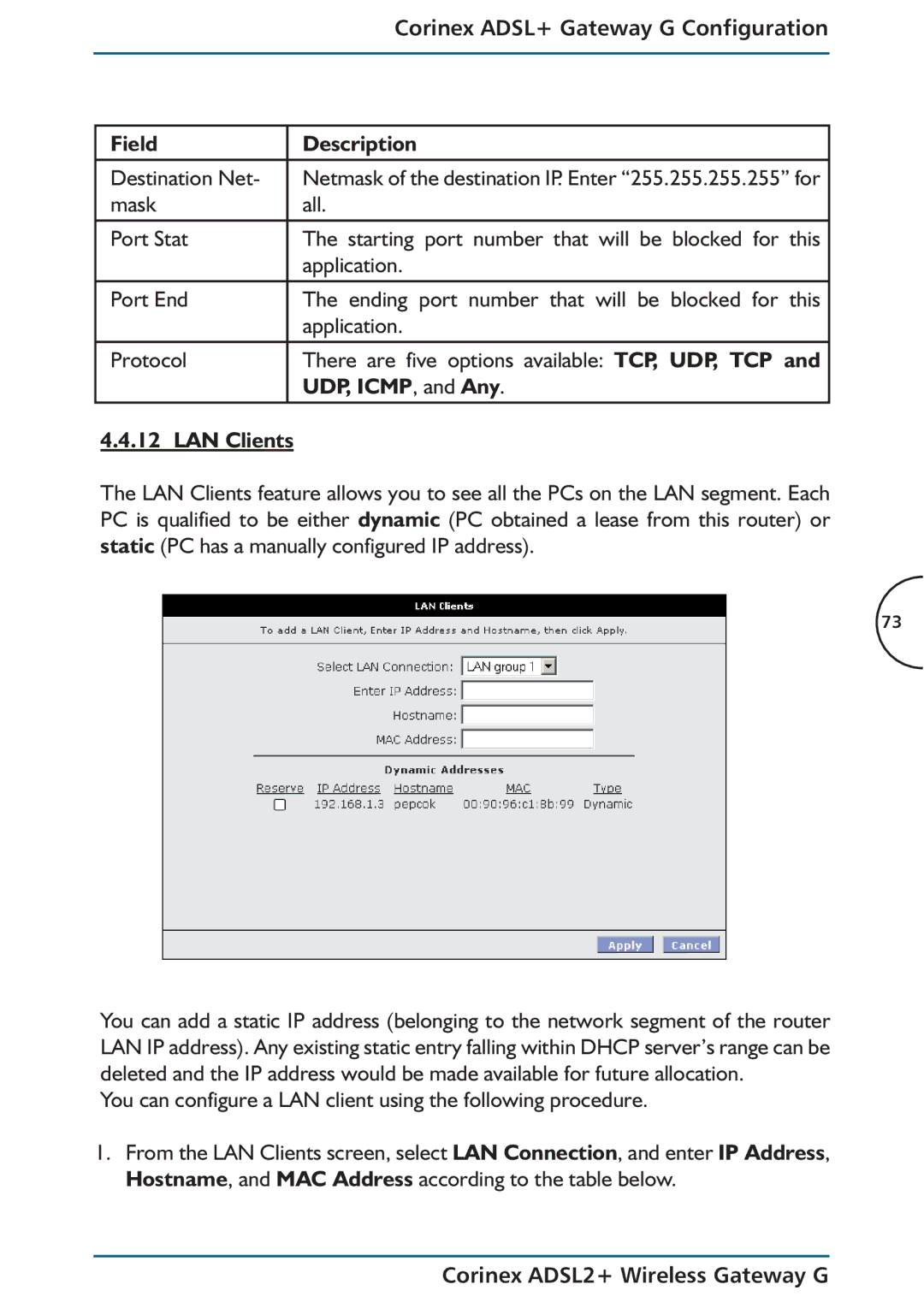 Corinex Global ADSL2+ manual Corinex ADSL+ Gateway G Configuration Field Description, Destination Net, UDP, Icmp , and Any 