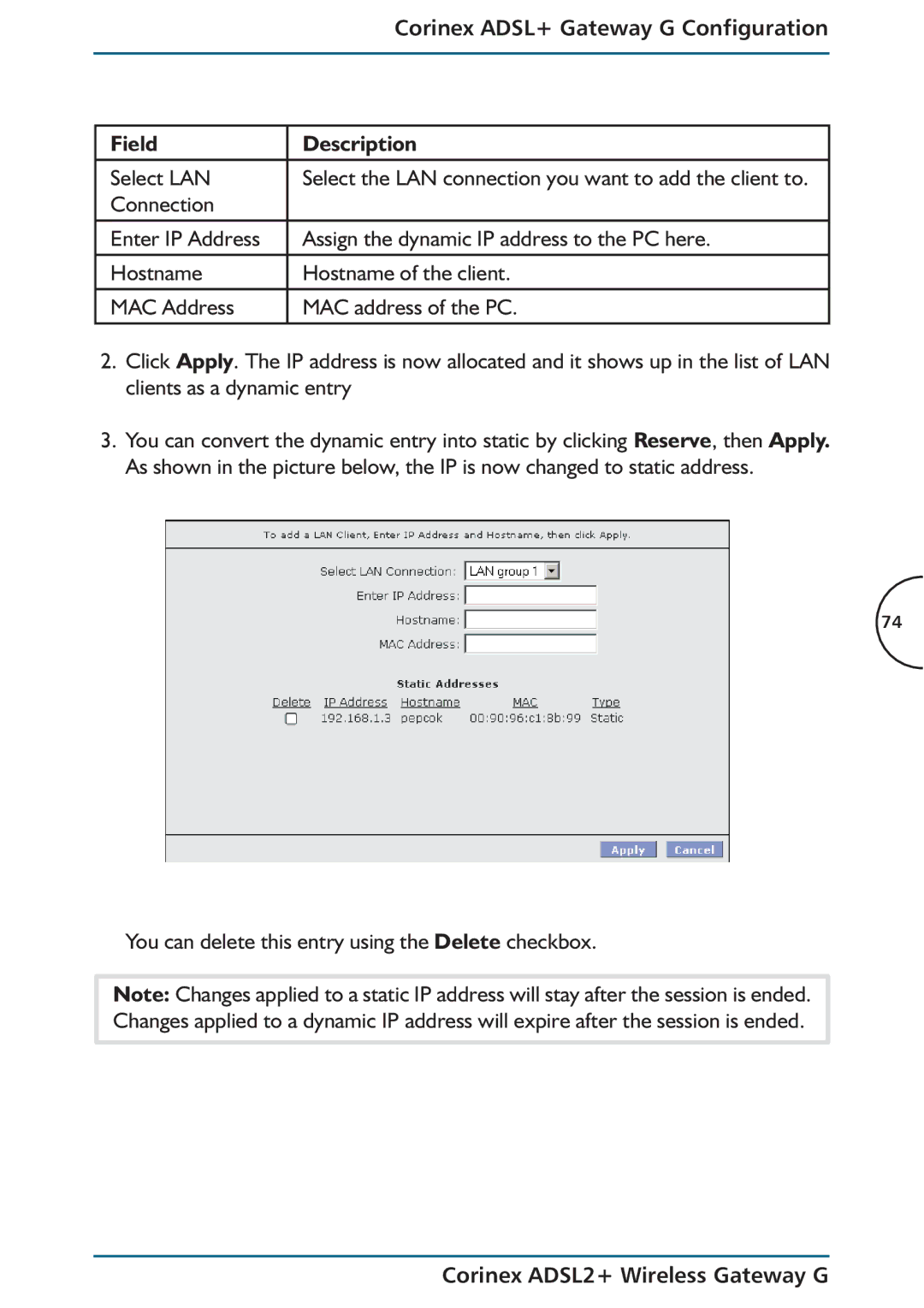 Corinex Global ADSL2+ manual Select LAN, You can delete this entry using the Delete checkbox 