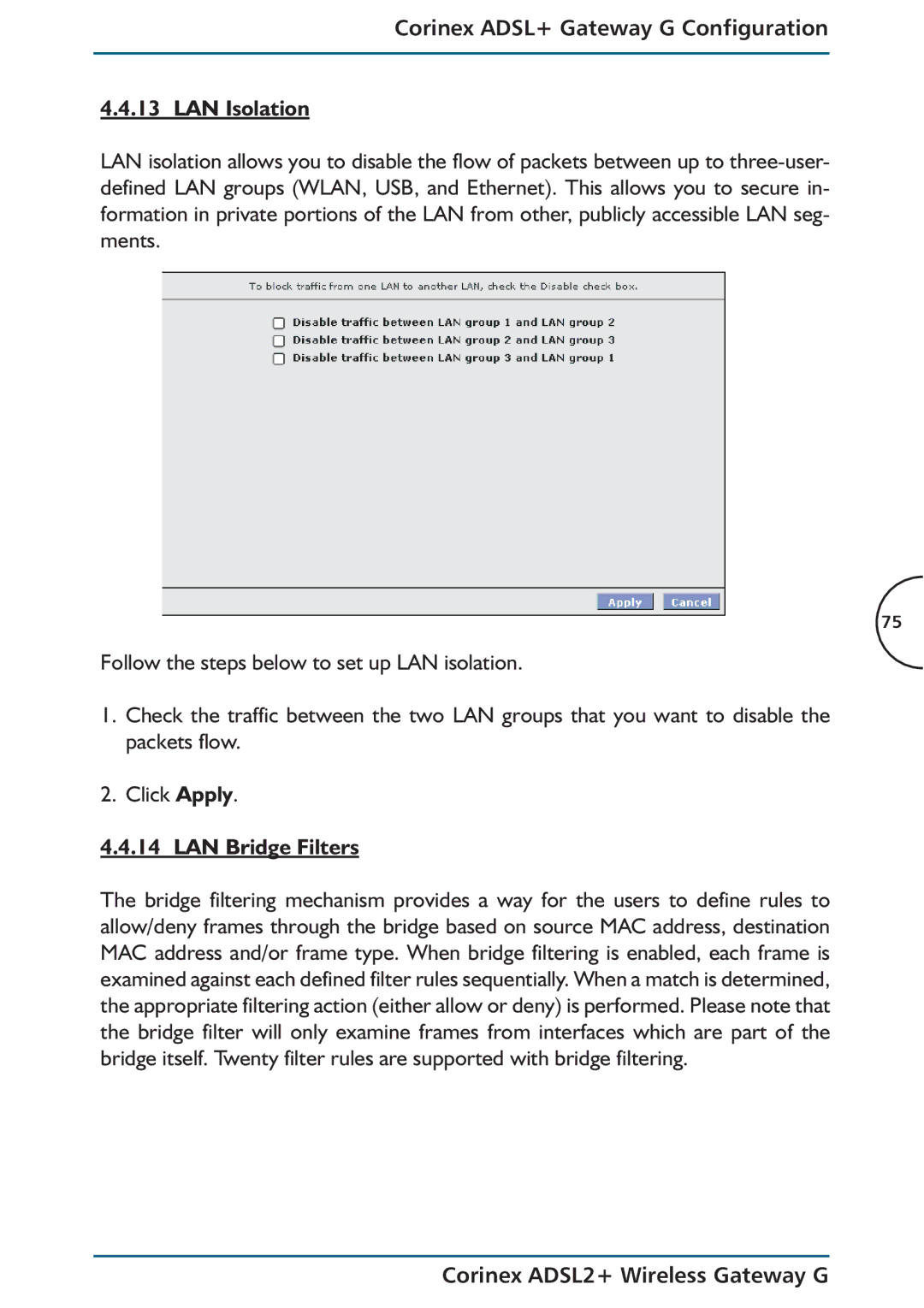 Corinex Global ADSL2+ manual Corinex ADSL+ Gateway G Configuration LAN Isolation, LAN Bridge Filters 