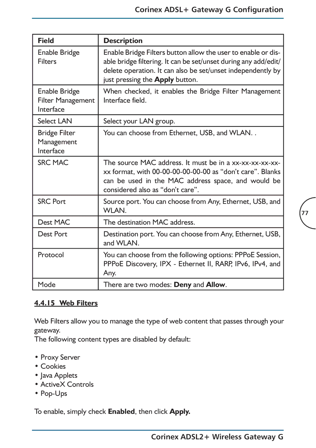 Corinex Global ADSL2+ manual Web Filters 