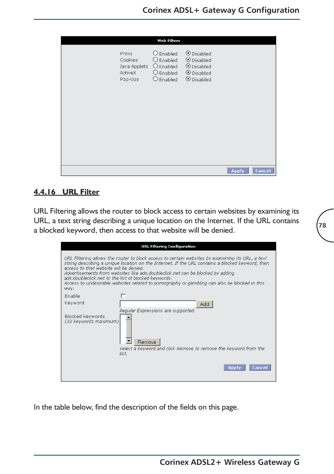 Corinex Global ADSL2+ manual Corinex ADSL+ Gateway G Configuration URL Filter 