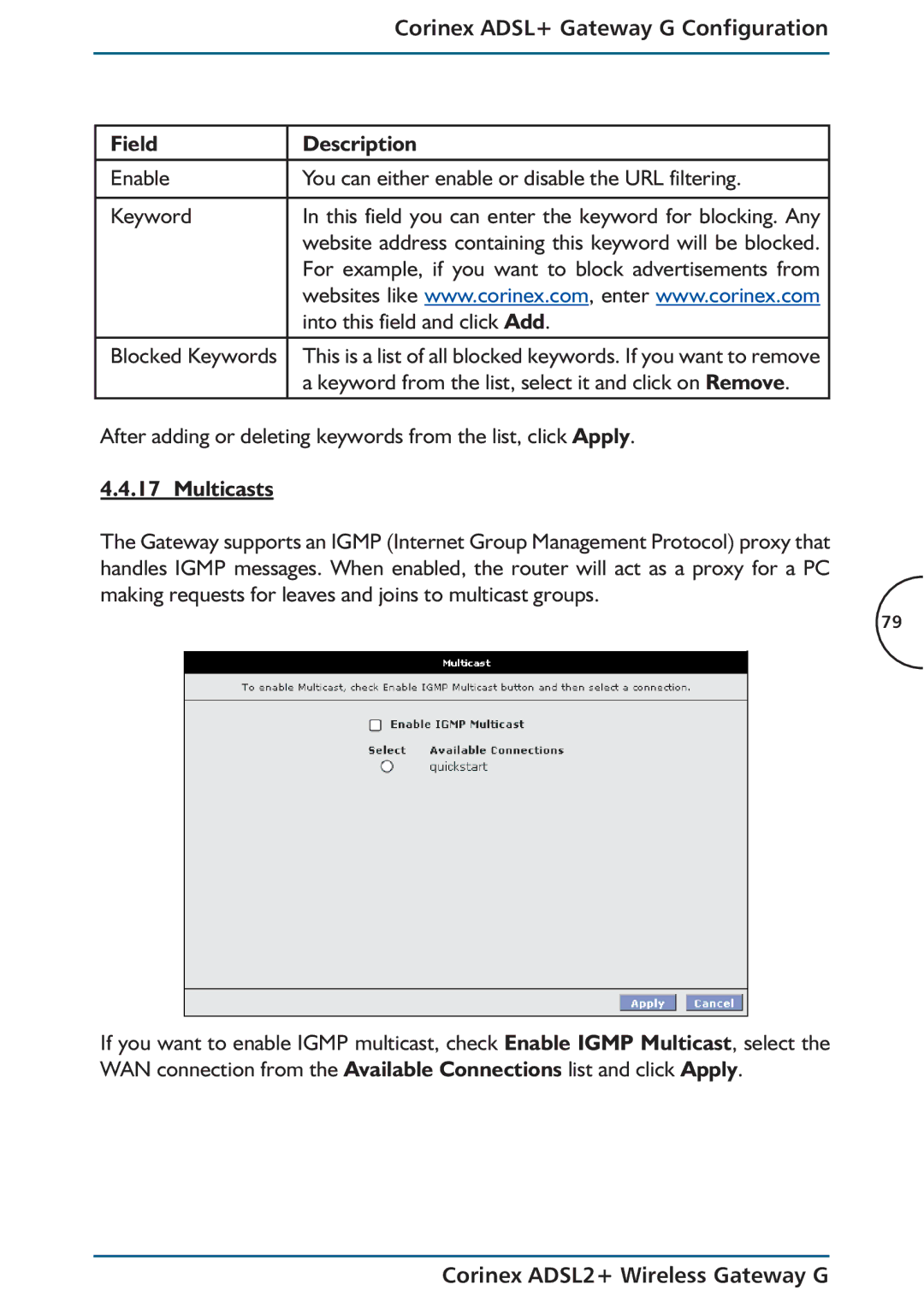 Corinex Global ADSL2+ For example, if you want to block advertisements from, Into this field and click Add, Multicasts 