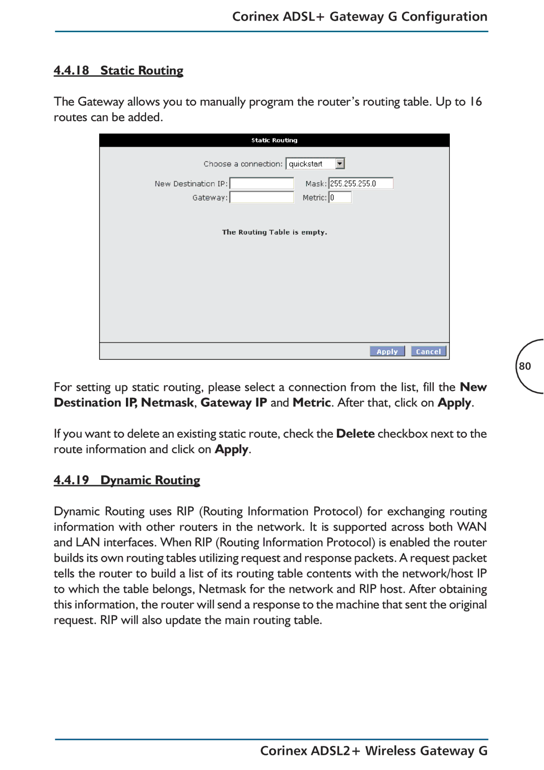 Corinex Global ADSL2+ manual Corinex ADSL+ Gateway G Configuration Static Routing, Dynamic Routing 