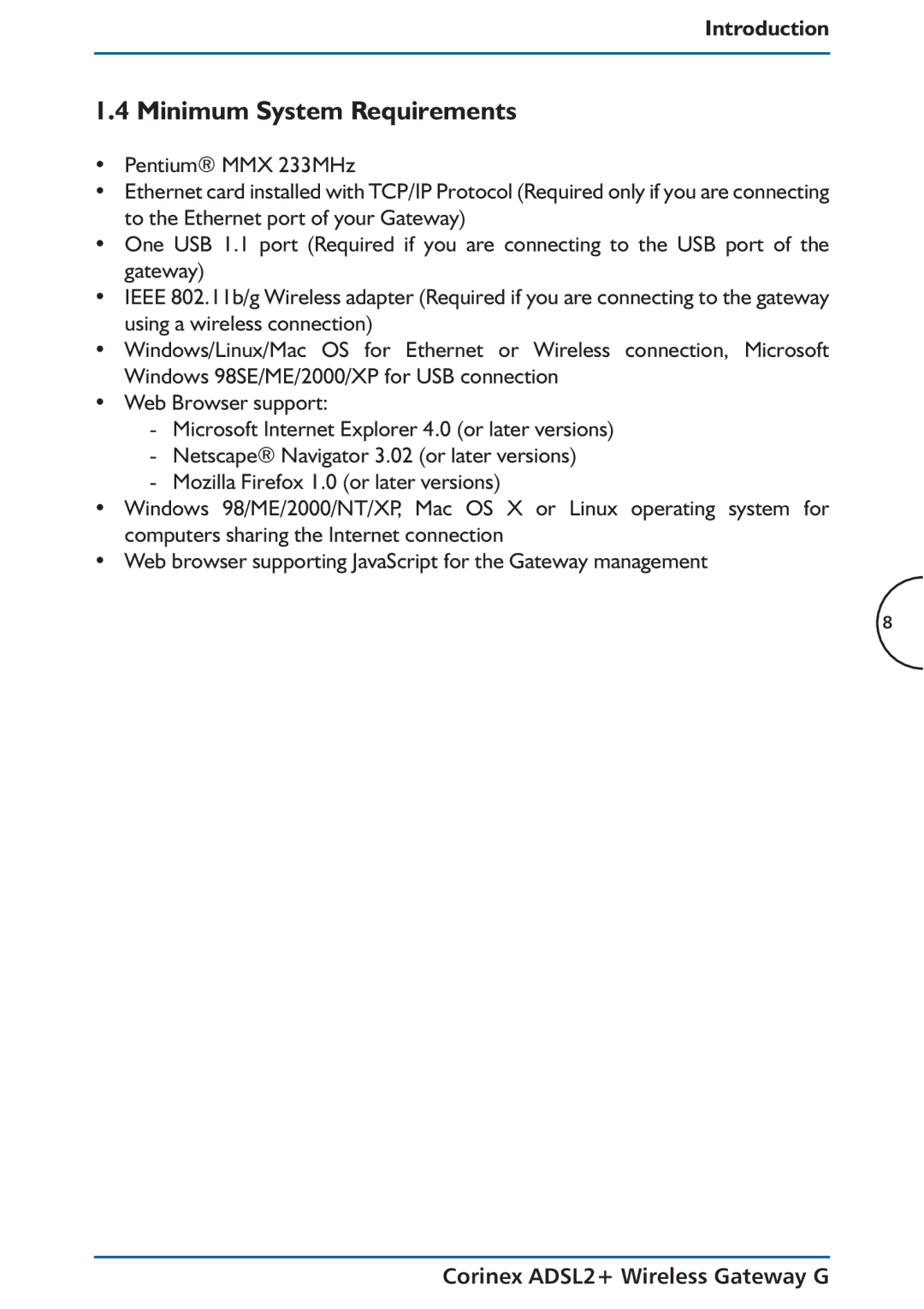 Corinex Global ADSL2+ manual Minimum System Requirements 