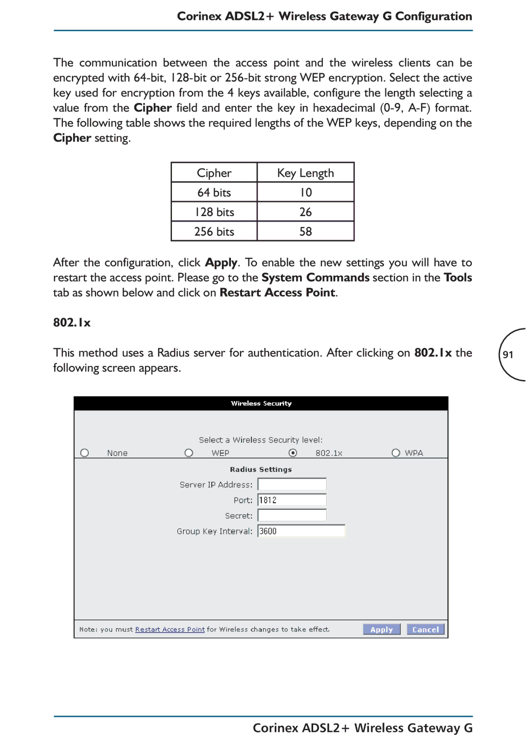 Corinex Global ADSL2+ manual Tab as shown below and click on Restart Access Point, 802.1x, Following screen appears 