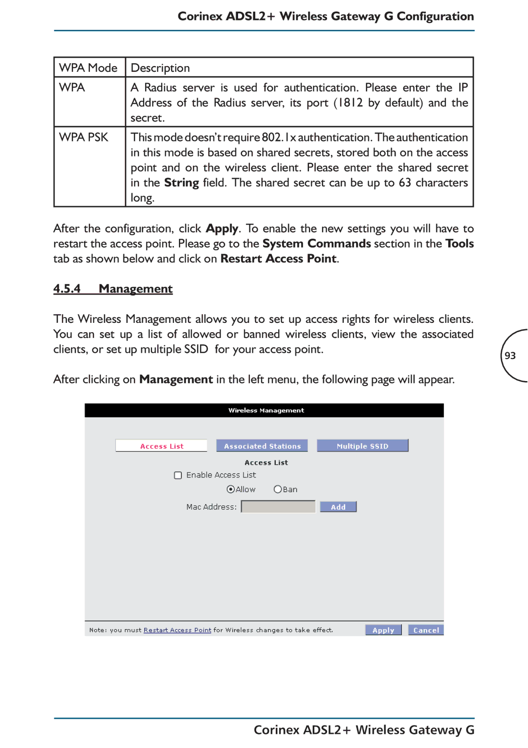 Corinex Global ADSL2+ manual WPA Mode Description, Address of the Radius server, its port 1812 by default, Secret, Long 