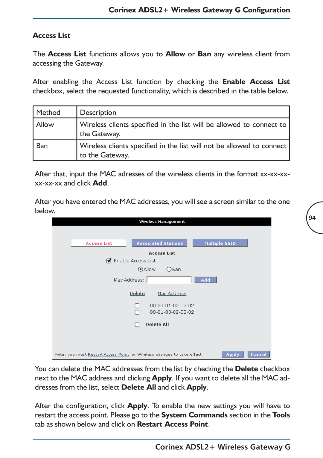 Corinex Global manual Corinex ADSL2+ Wireless Gateway G Configuration Access List, Method Description Allow, Ban 