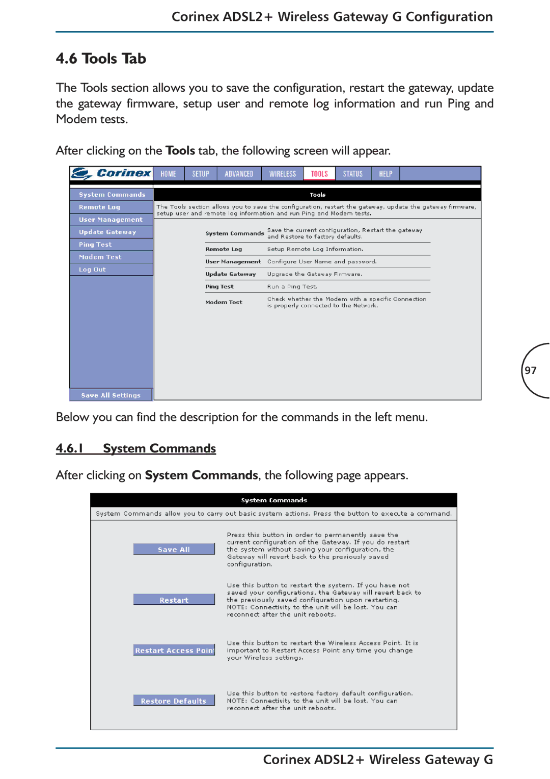 Corinex Global ADSL2+ manual Tools Tab, System Commands 