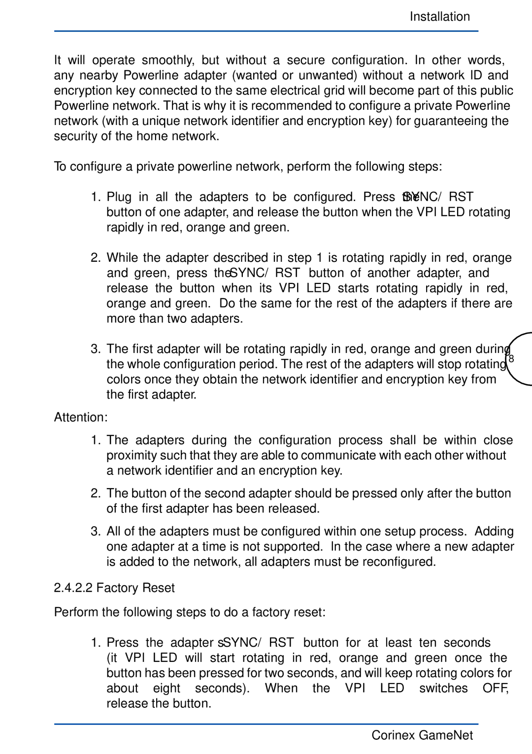 Corinex Global GameNet manual Factory Reset 