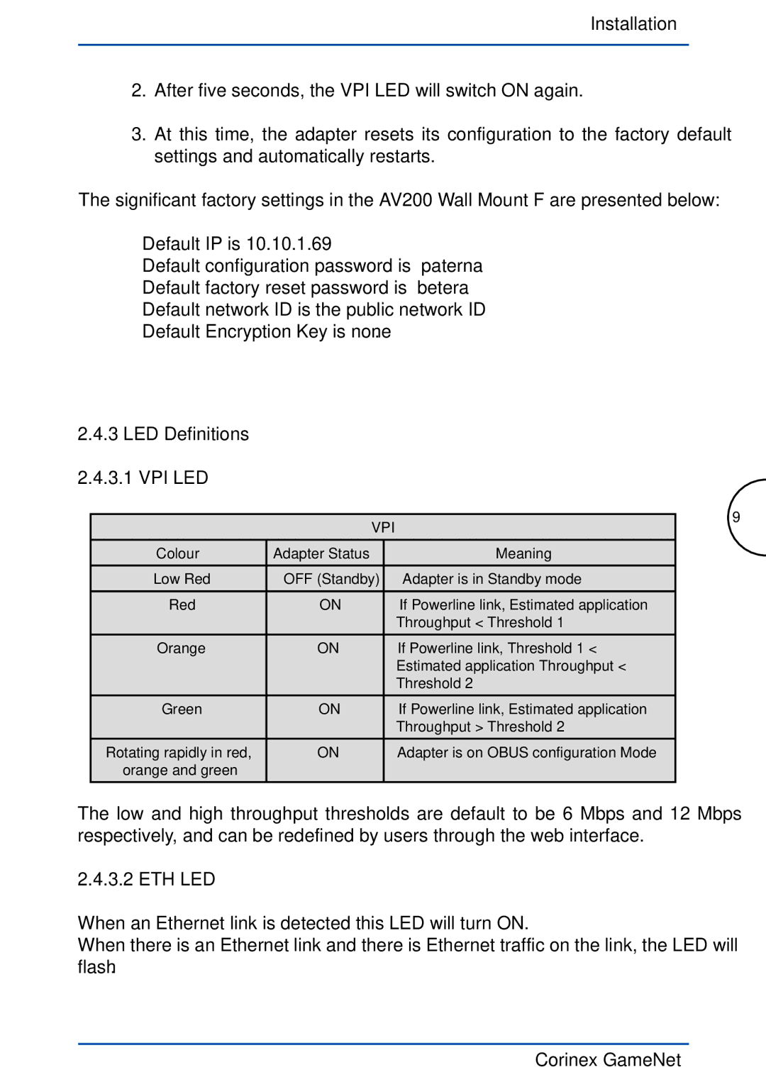 Corinex Global GameNet manual LED Definitions VPI LED, Eth Led 