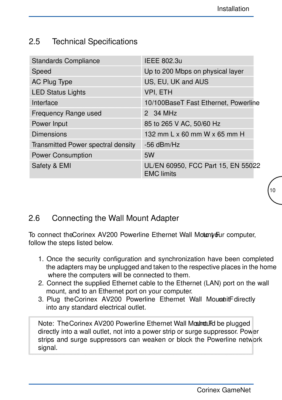 Corinex Global GameNet manual Technical Specifications, Connecting the Wall Mount Adapter, Interface, EMC limits 