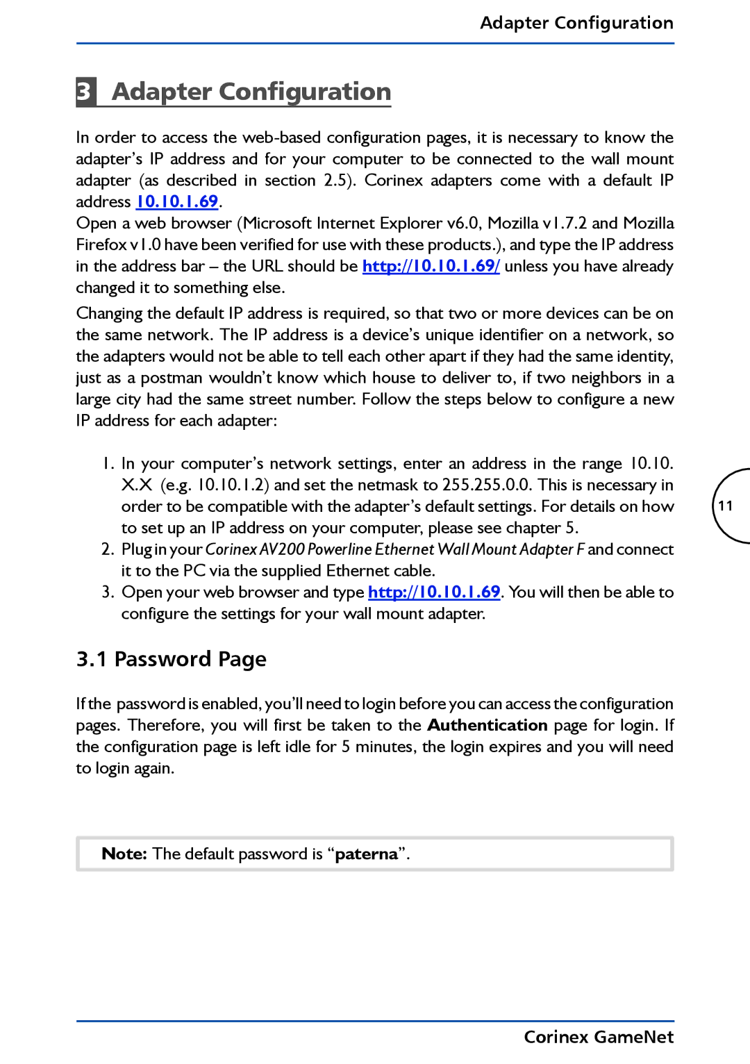 Corinex Global GameNet manual Adapter Configuration, Password 