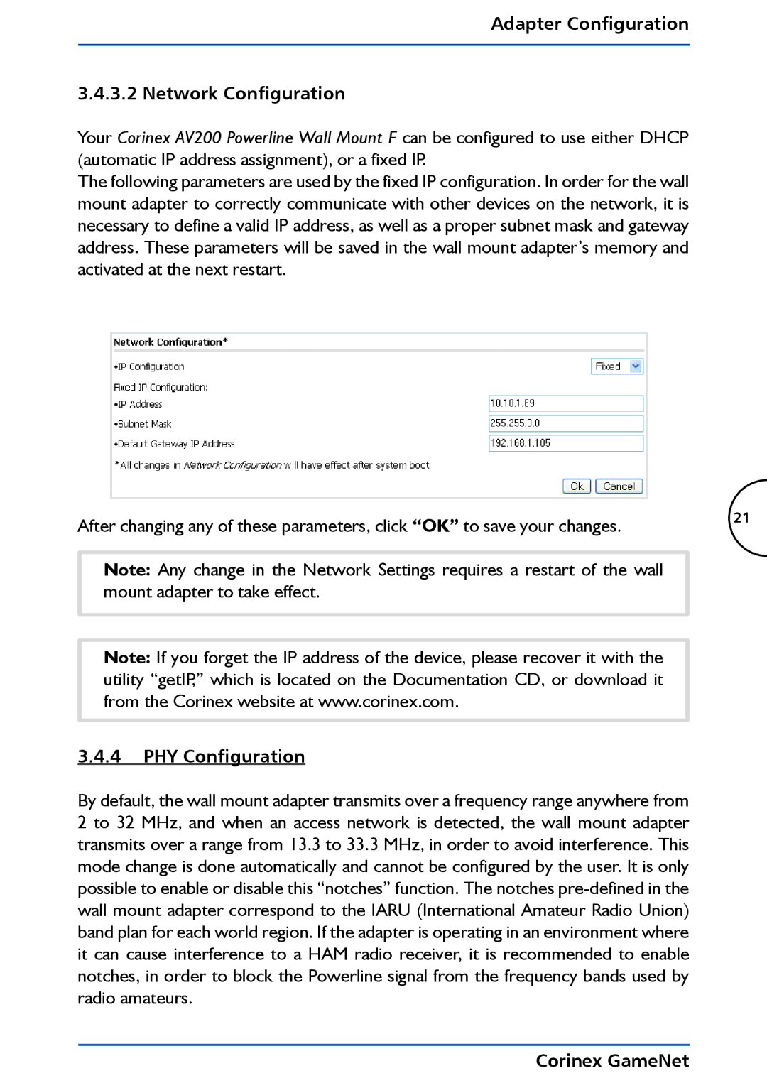 Corinex Global GameNet manual Adapter Configuration Network Configuration, PHY Configuration 