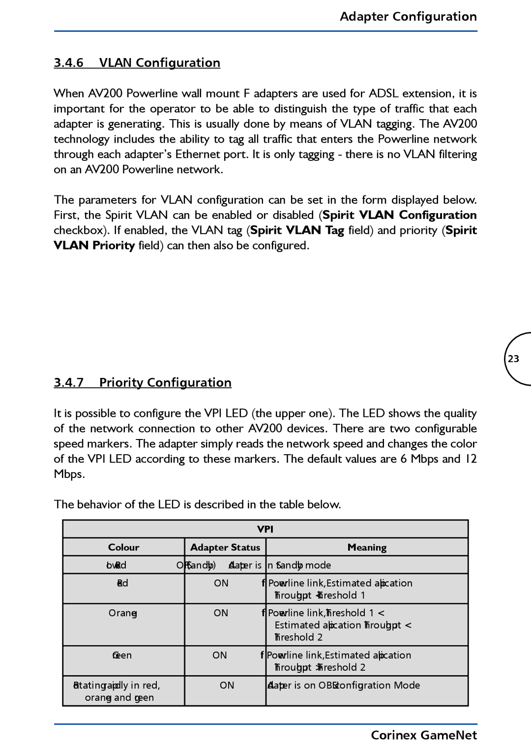 Corinex Global GameNet manual Adapter Configuration Vlan Configuration, Priority Configuration 