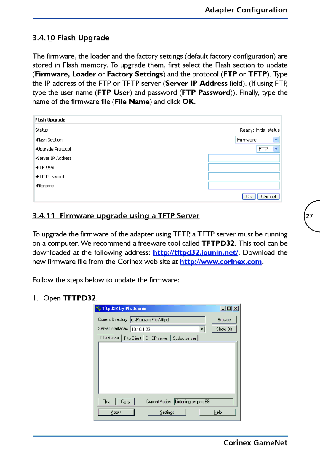 Corinex Global GameNet manual Adapter Configuration Flash Upgrade, Firmware upgrade using a Tftp Server 