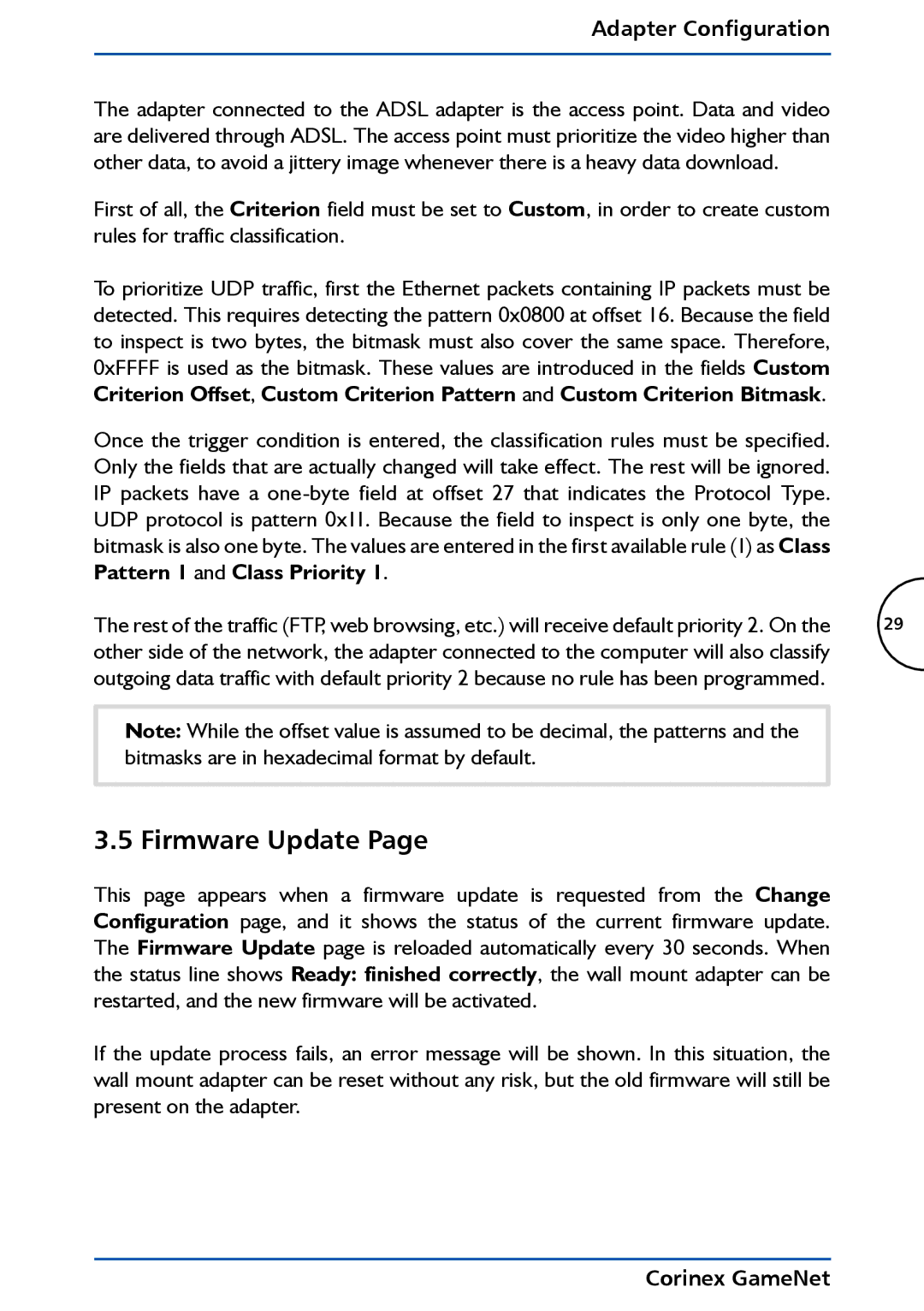 Corinex Global GameNet manual Firmware Update, Pattern 1 and Class Priority 