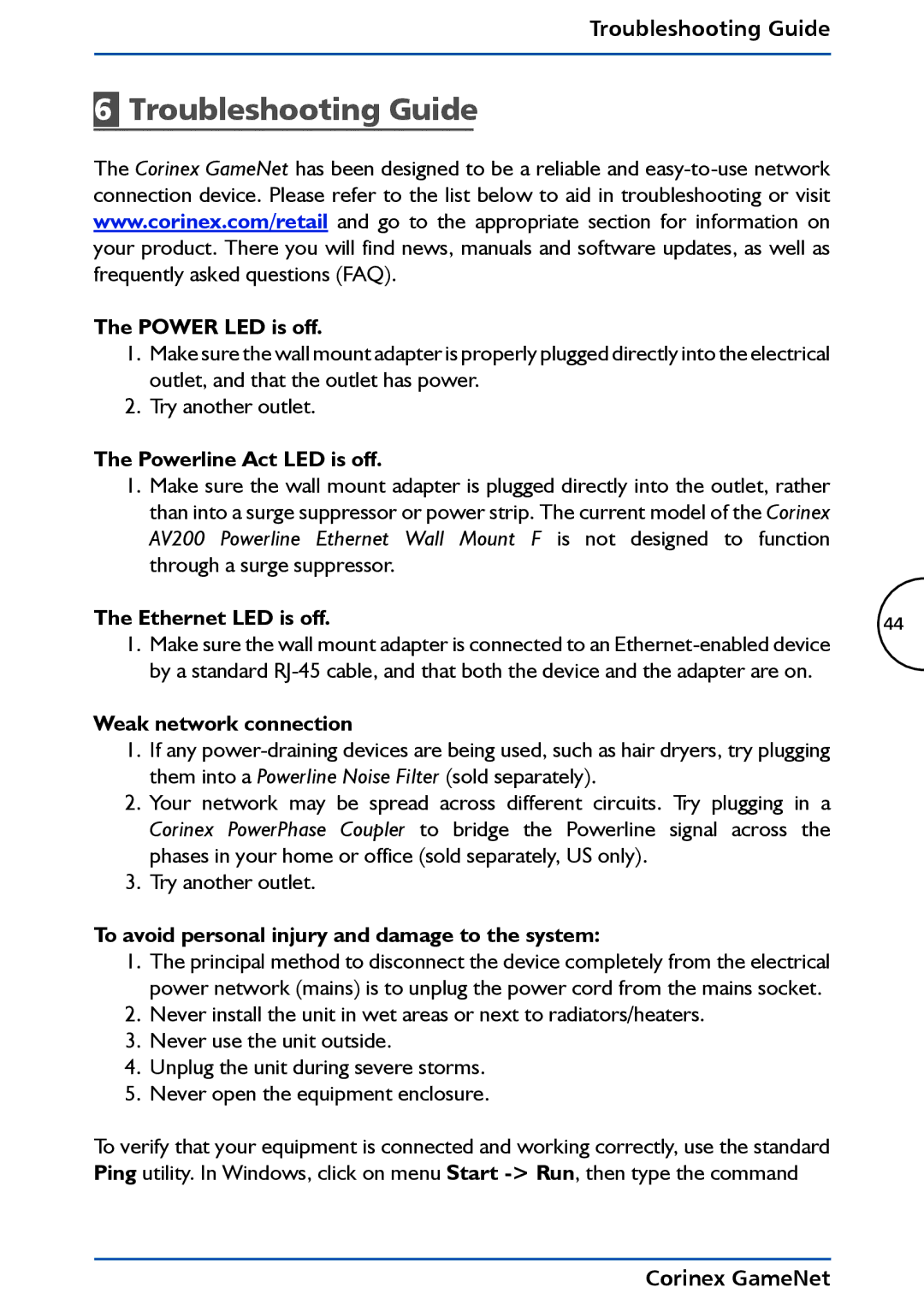 Corinex Global GameNet manual Troubleshooting Guide 