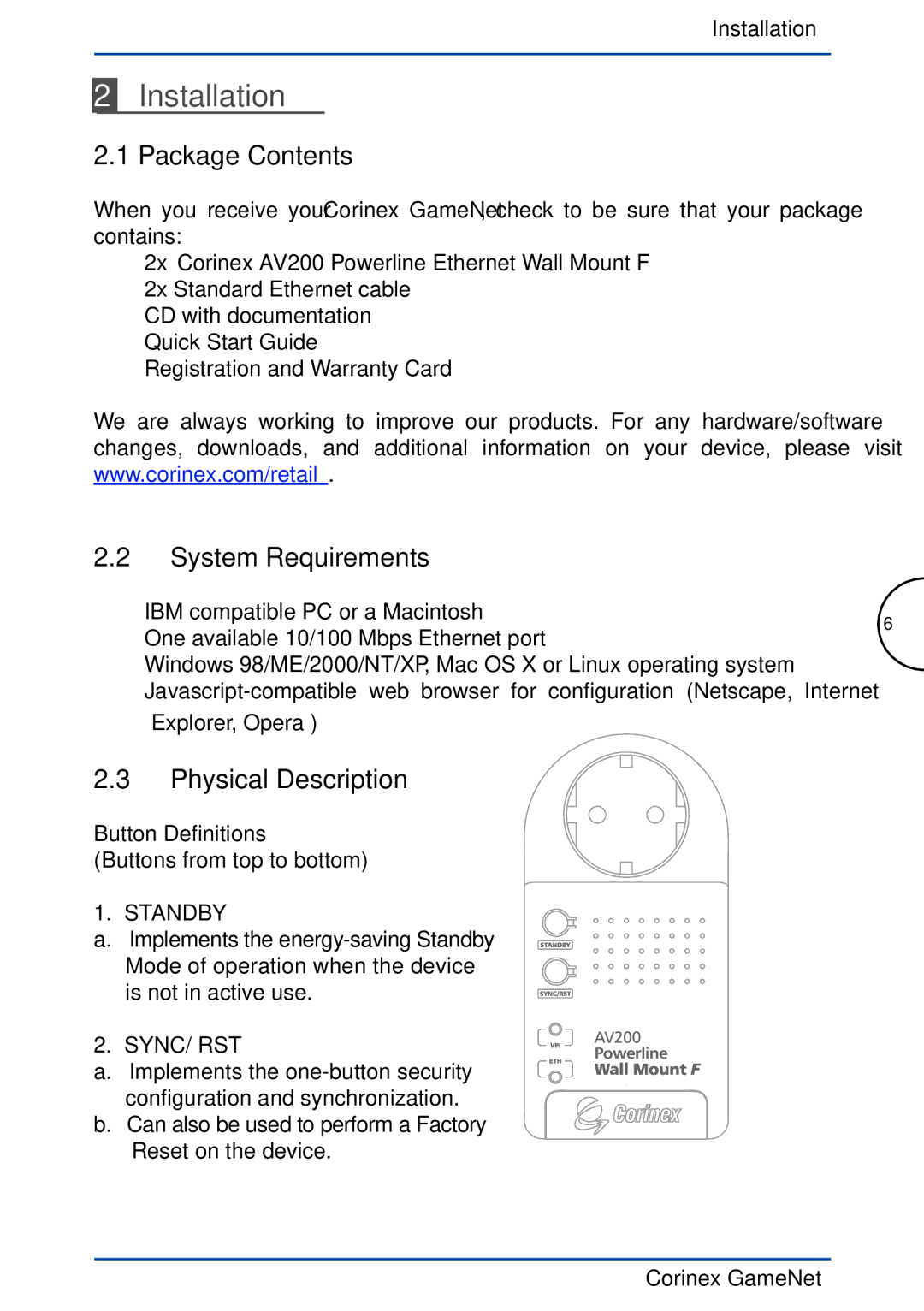 Corinex Global GameNet manual Installation, Package Contents, System Requirements, Physical Description 