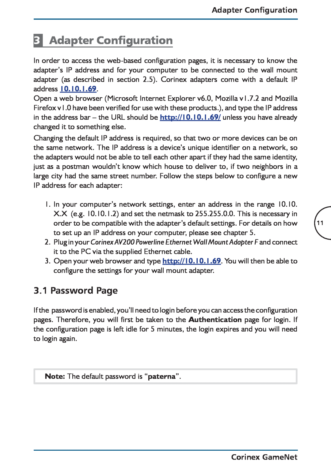 Corinex Global GameNet Adapter Configuration, Password Page, to set up an IP address on your computer, please see chapter 