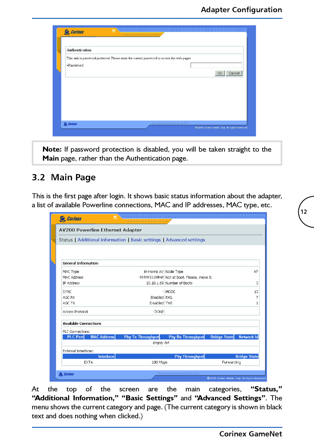 Corinex Global manual Main Page, Adapter Configuration, Corinex GameNet 