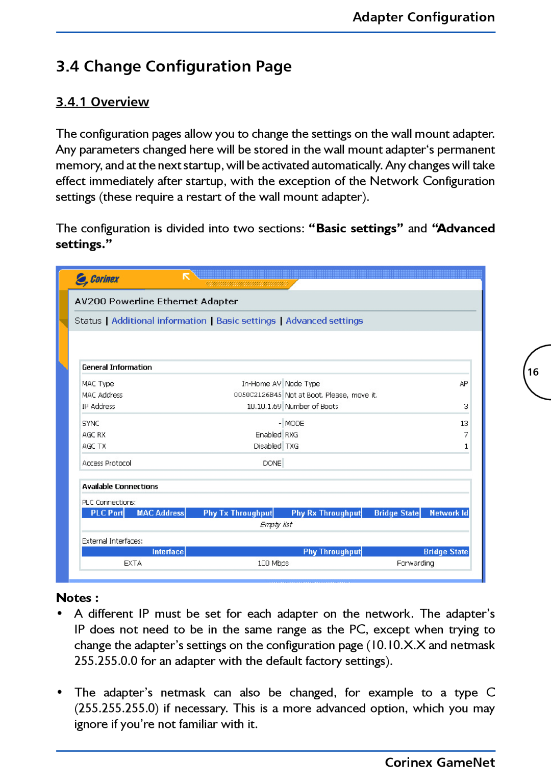 Corinex Global manual Change Configuration Page, Overview, Adapter Configuration, Corinex GameNet 