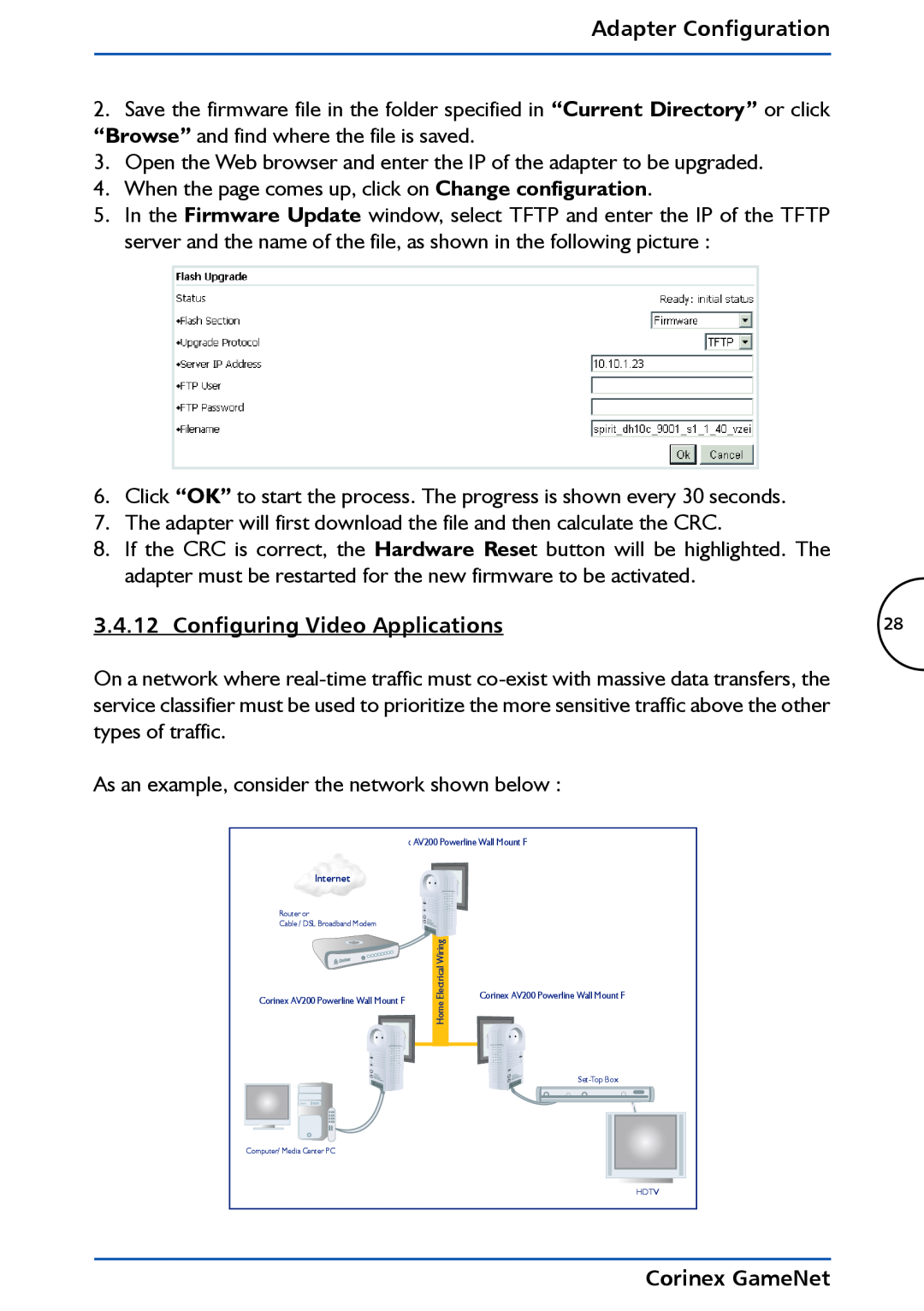 Corinex Global manual Configuring Video Applications, Adapter Configuration, Corinex GameNet 