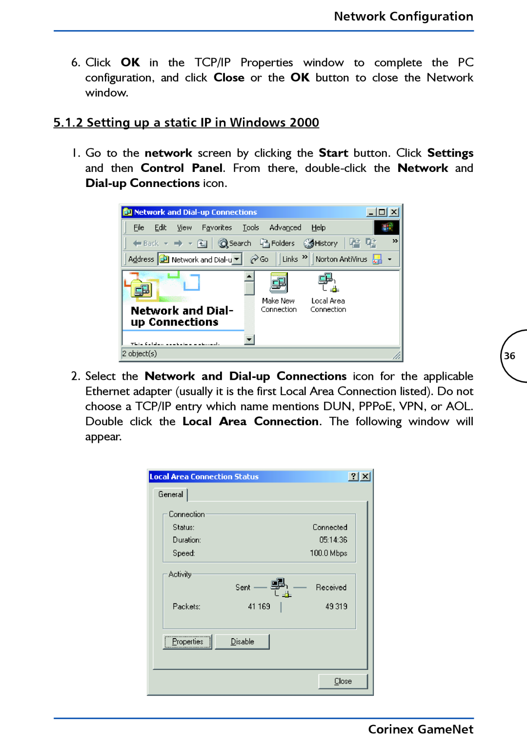 Corinex Global manual Setting up a static IP in Windows, Network Configuration, Corinex GameNet 