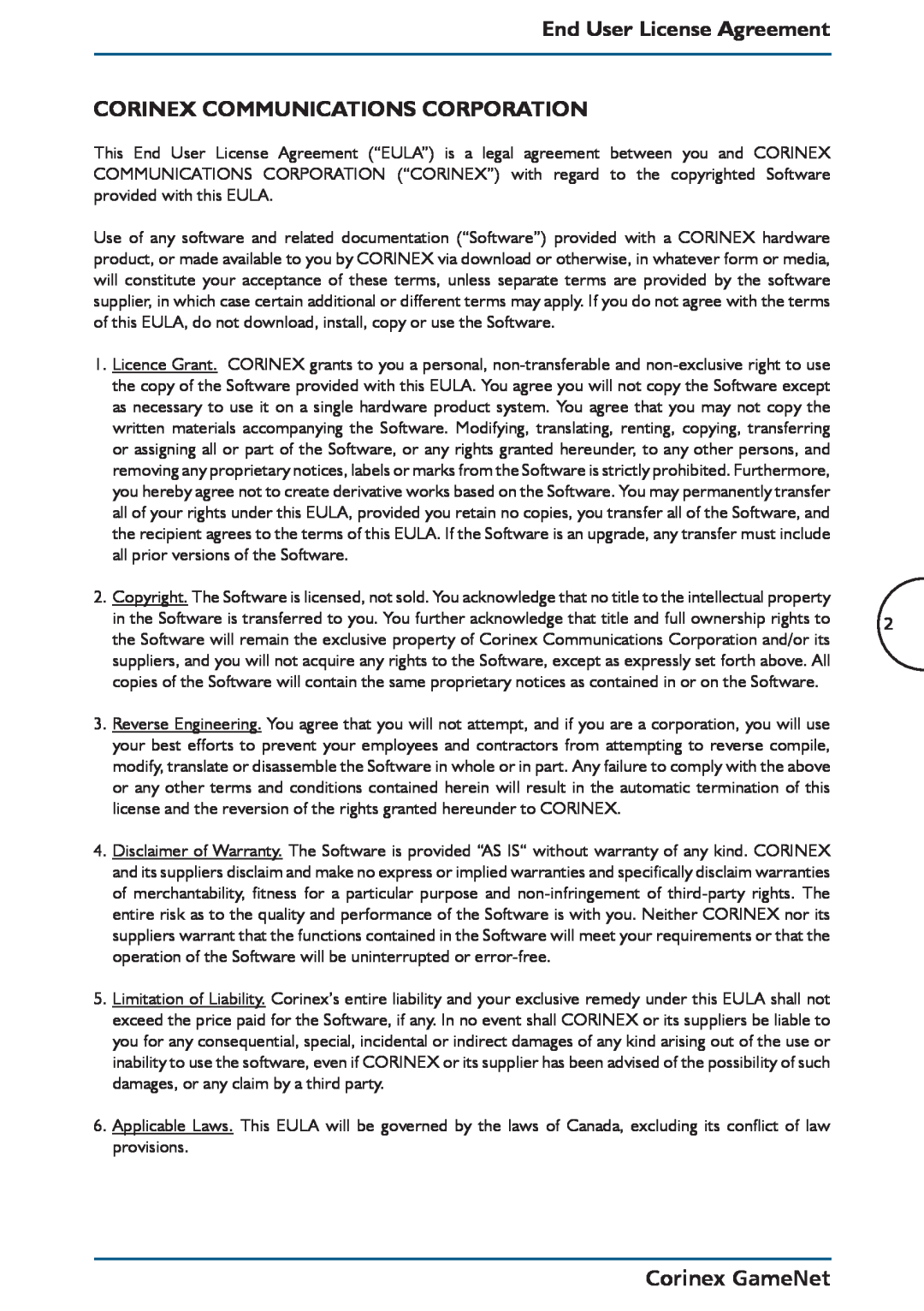 Corinex Global manual End User License Agreement CORINEX COMMUNICATIONS CORPORATION, Corinex GameNet 