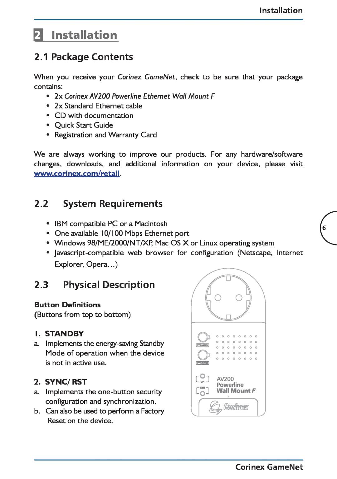 Corinex Global GameNet manual Installation, Package Contents, System Requirements, Physical Description, Button Definitions 
