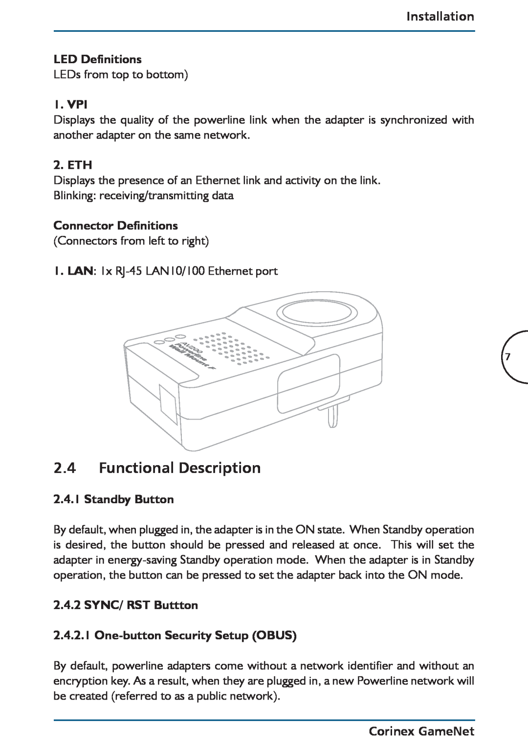 Corinex Global manual Functional Description, Installation LED Definitions, Vpi, Eth, Standby Button, Corinex GameNet 