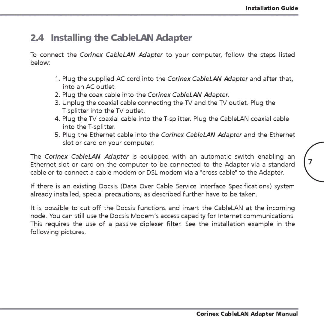 Corinex Global MAC OS X manual Installing the CableLAN Adapter 