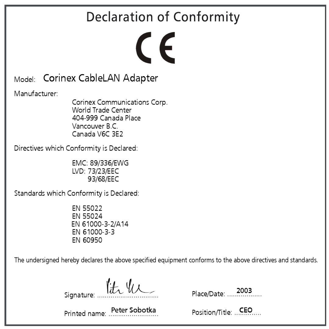 Corinex Global MAC OS X manual Model Corinex CableLAN Adapter 