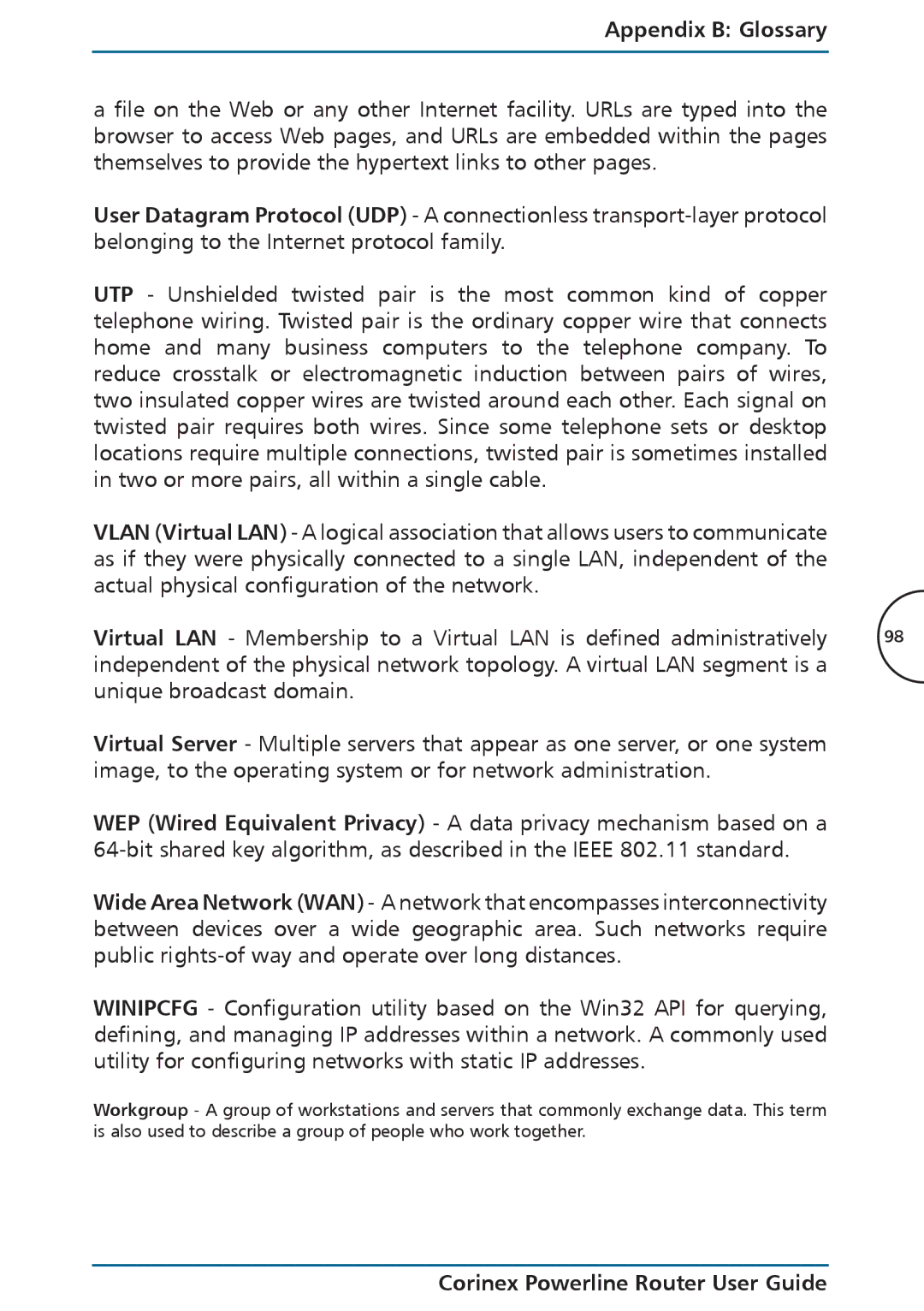 Corinex Global Powerline Router manual Appendix B Glossary 