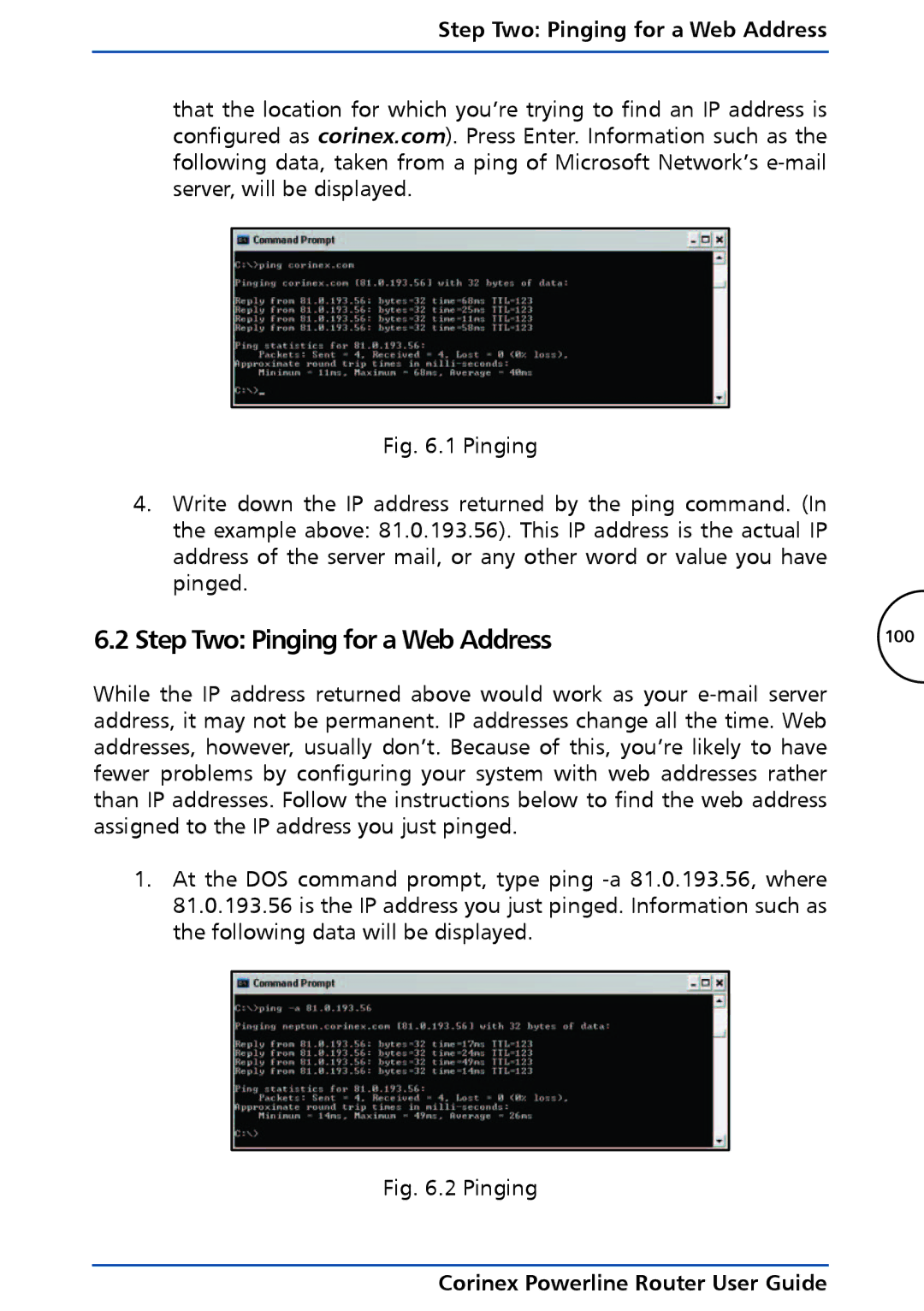 Corinex Global Powerline Router manual Step Two Pinging for a Web Address 