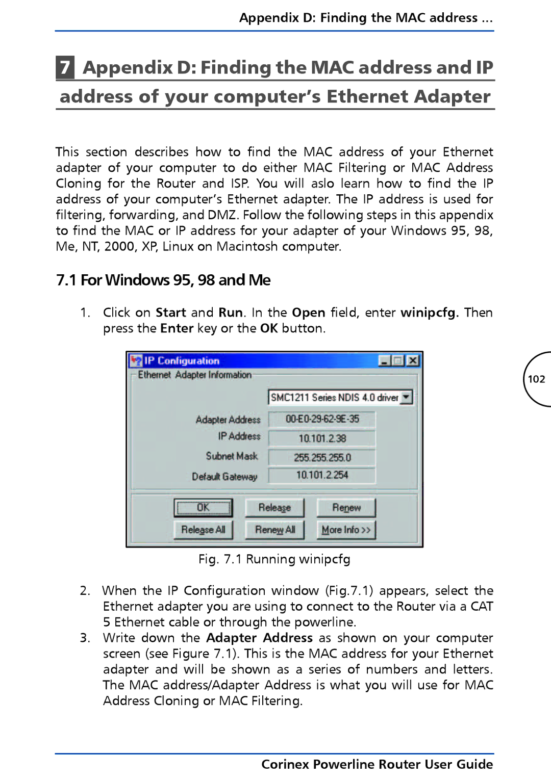 Corinex Global Powerline Router manual For Windows 95, 98 and Me, Appendix D Finding the MAC address 