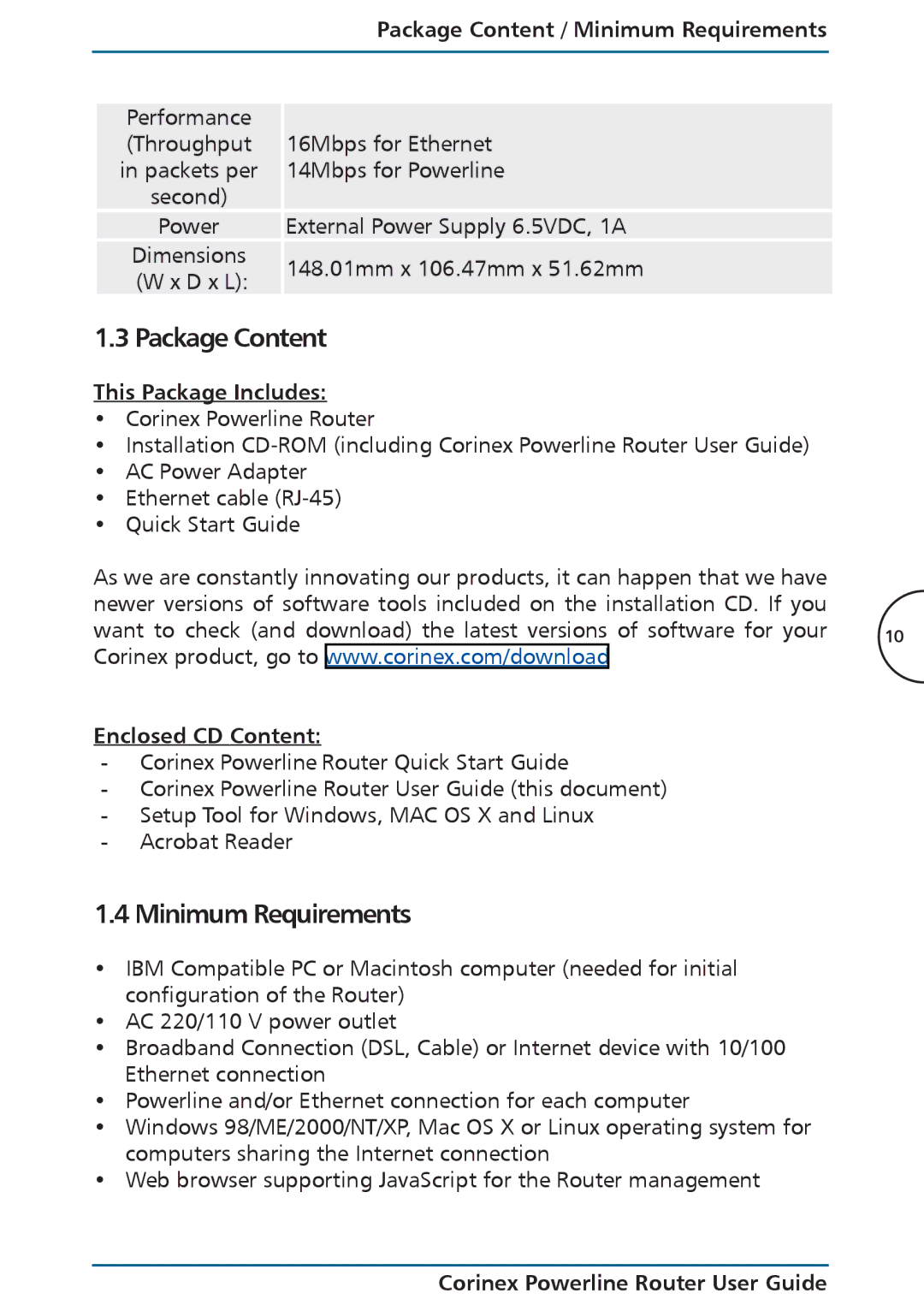 Corinex Global Powerline Router Package Content / Minimum Requirements, This Package Includes, Enclosed CD Content 