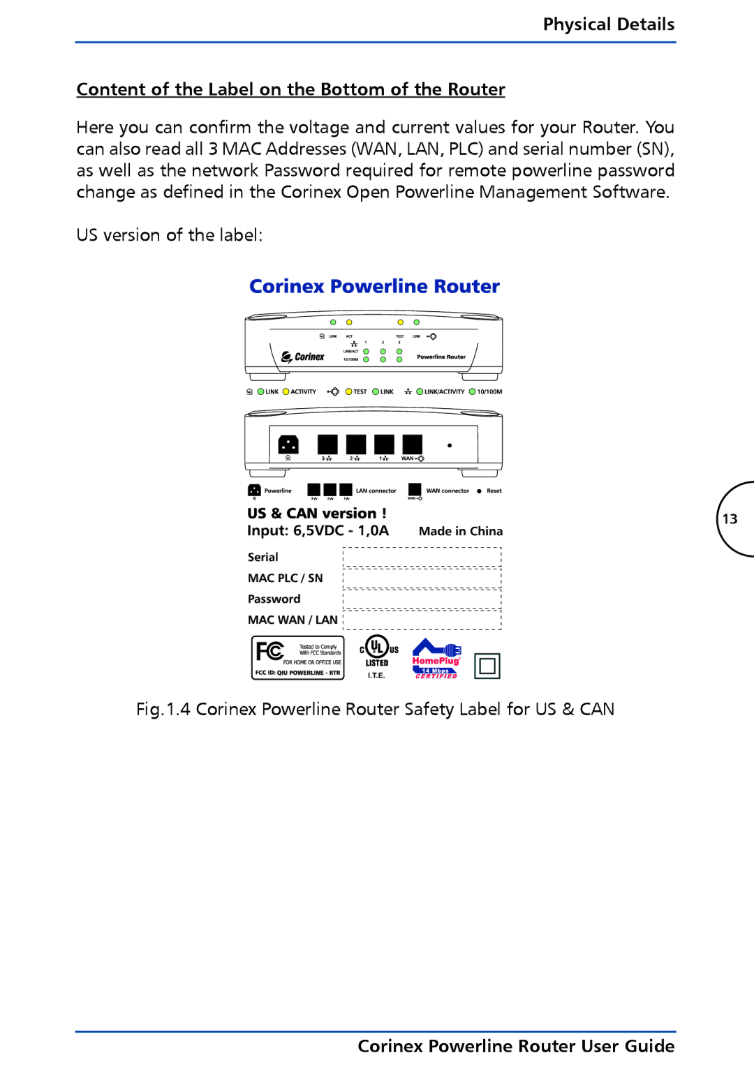 Corinex Global manual Corinex Powerline Router Safety Label for US & can 