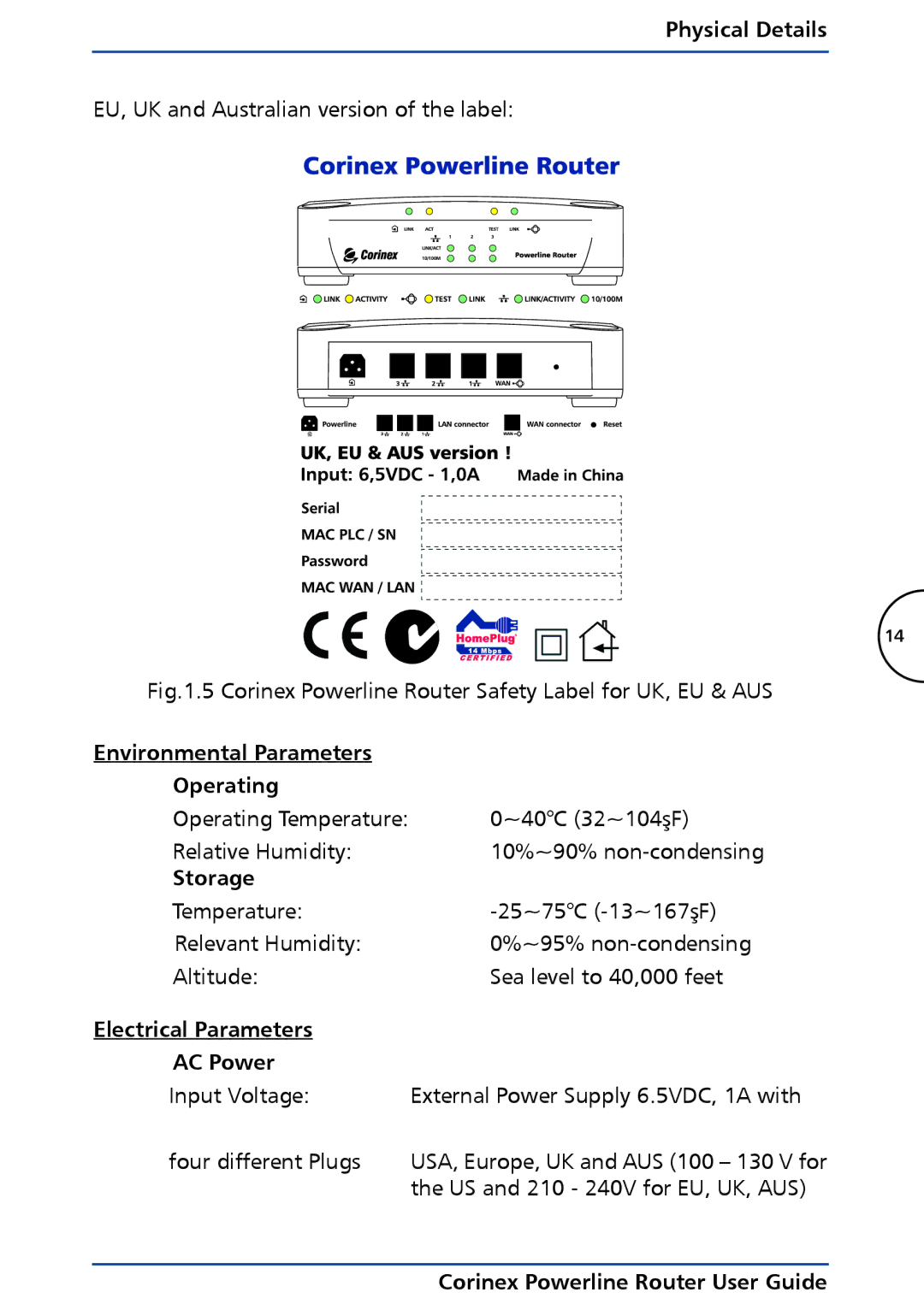 Corinex Global Powerline Router manual Environmental Parameters Operating, Storage, Electrical Parameters AC Power 