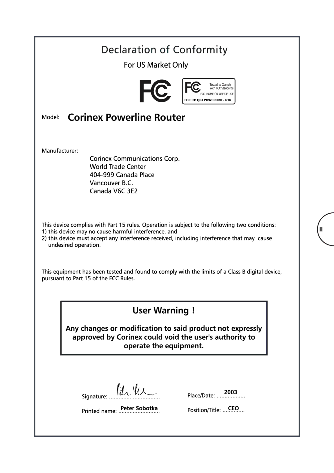 Corinex Global Powerline Router manual Fcc 