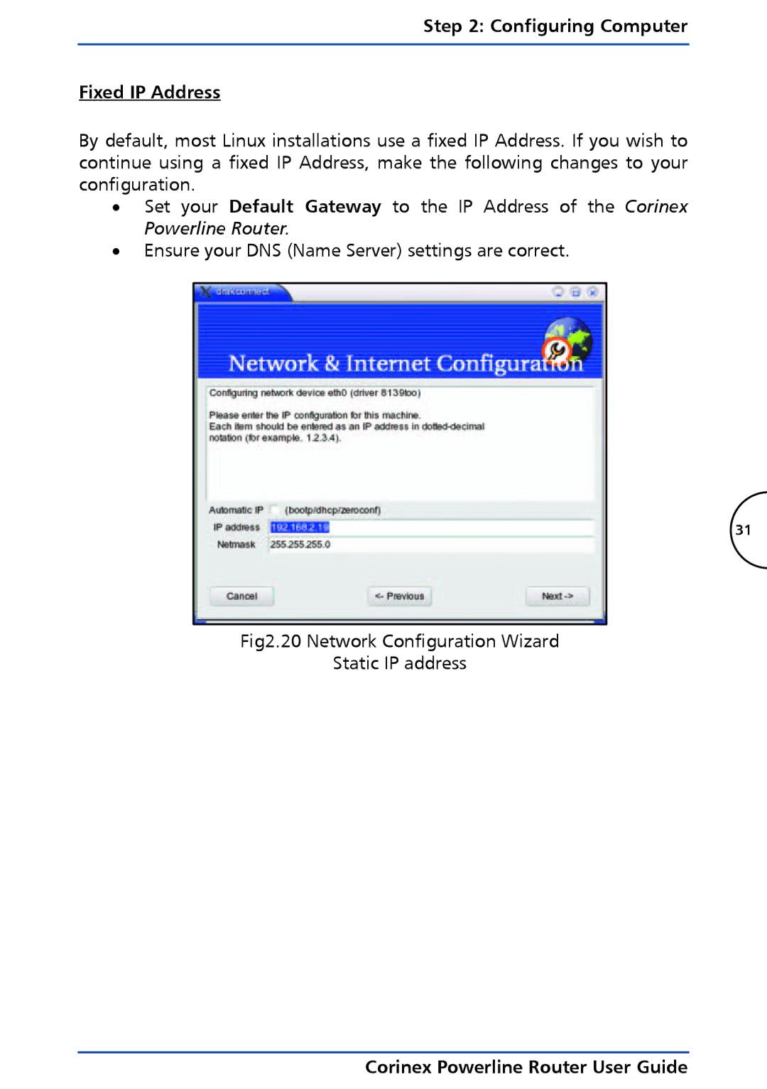 Corinex Global Powerline Router manual Configuring Computer Fixed IP Address 