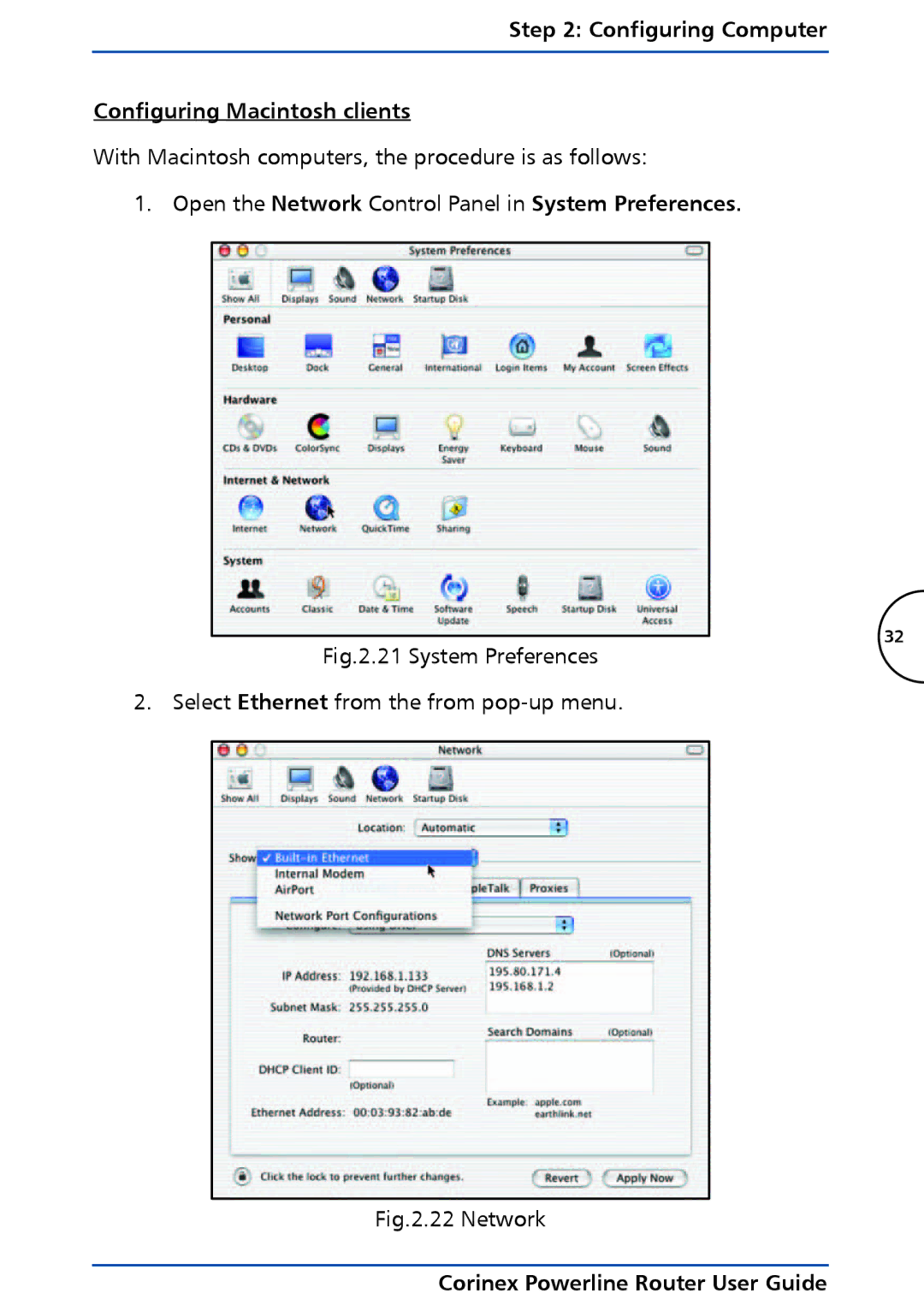 Corinex Global Powerline Router manual Configuring Computer Configuring Macintosh clients 