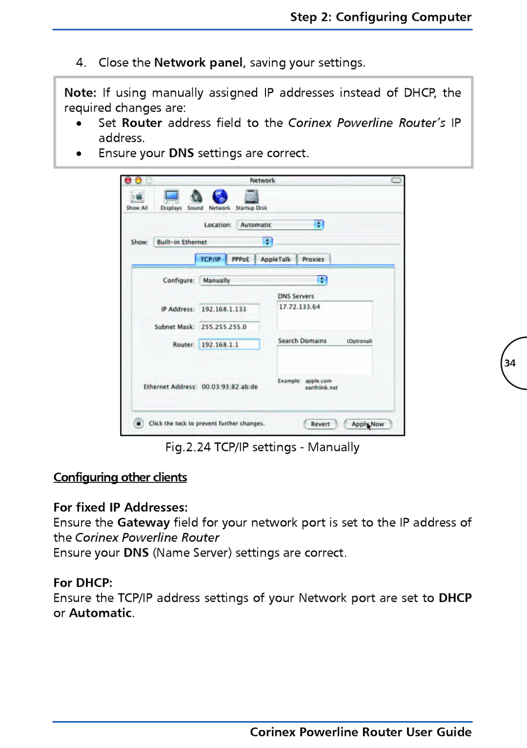 Corinex Global Powerline Router manual Configuring other clients For fixed IP Addresses, For Dhcp 